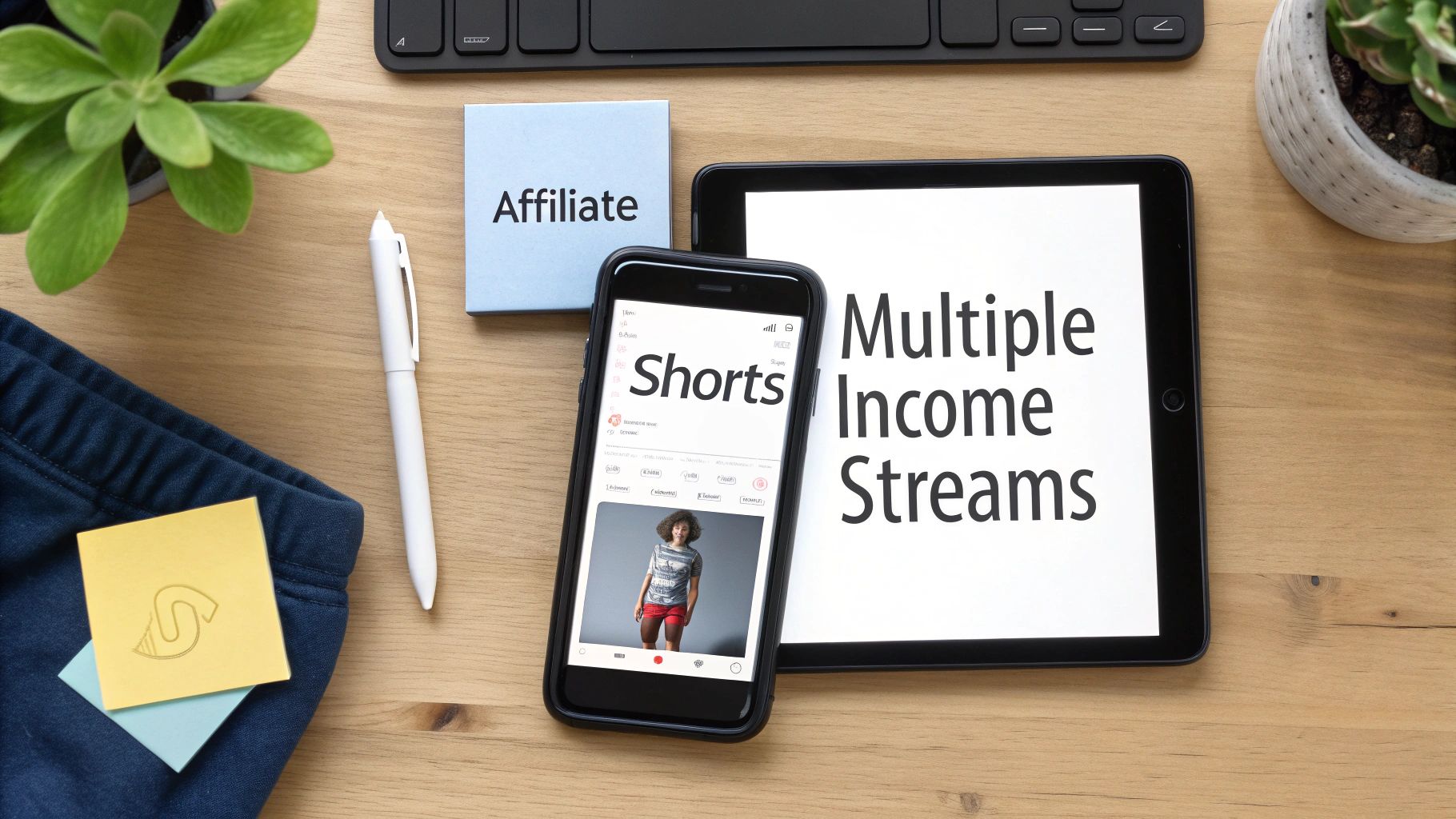 Tablet displaying multiple income streams text with smartphone showing shorts content and affiliate note