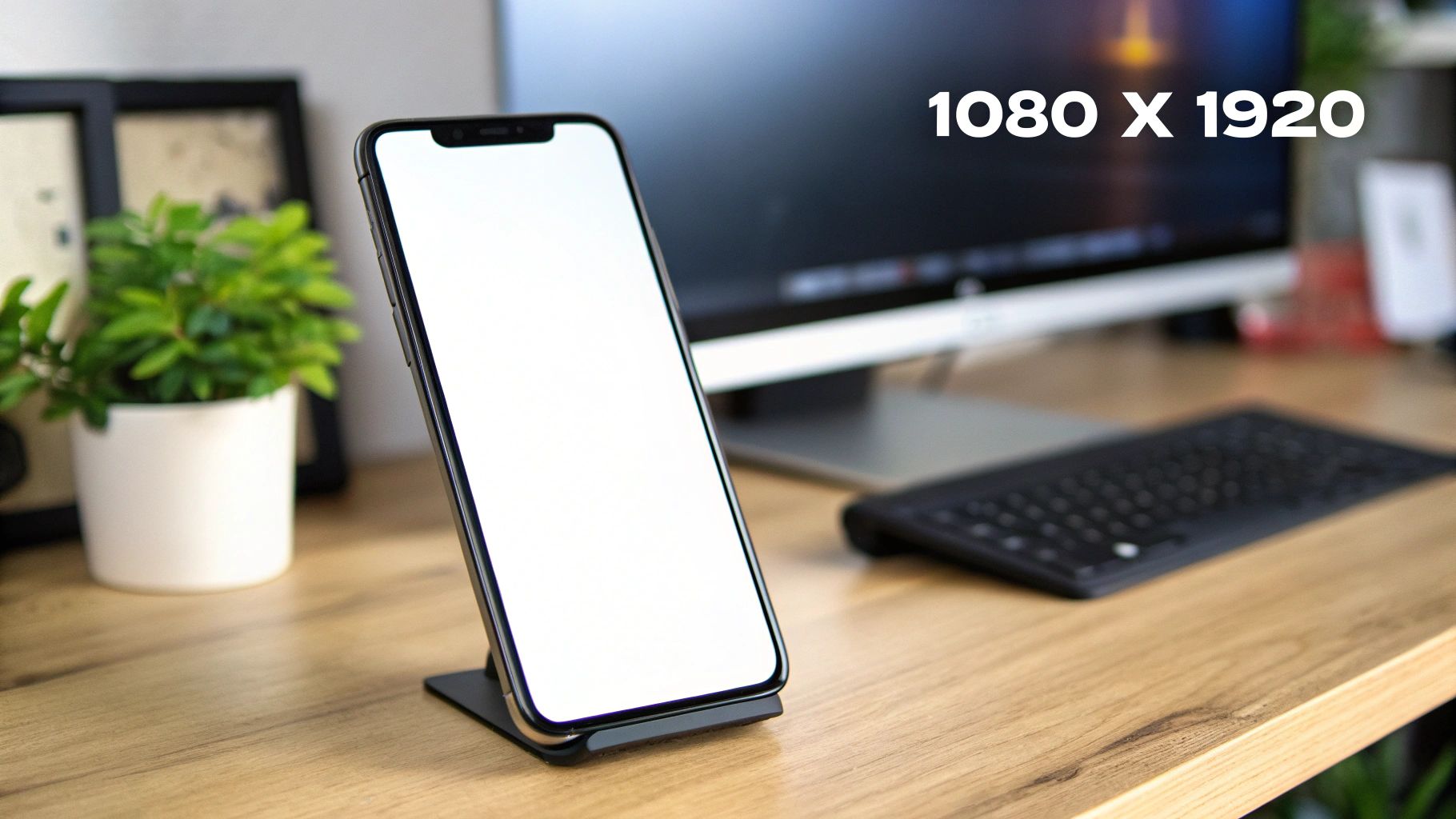 An iPhone mockup with a blank white screen standing on a wooden desk with a blurred office background.