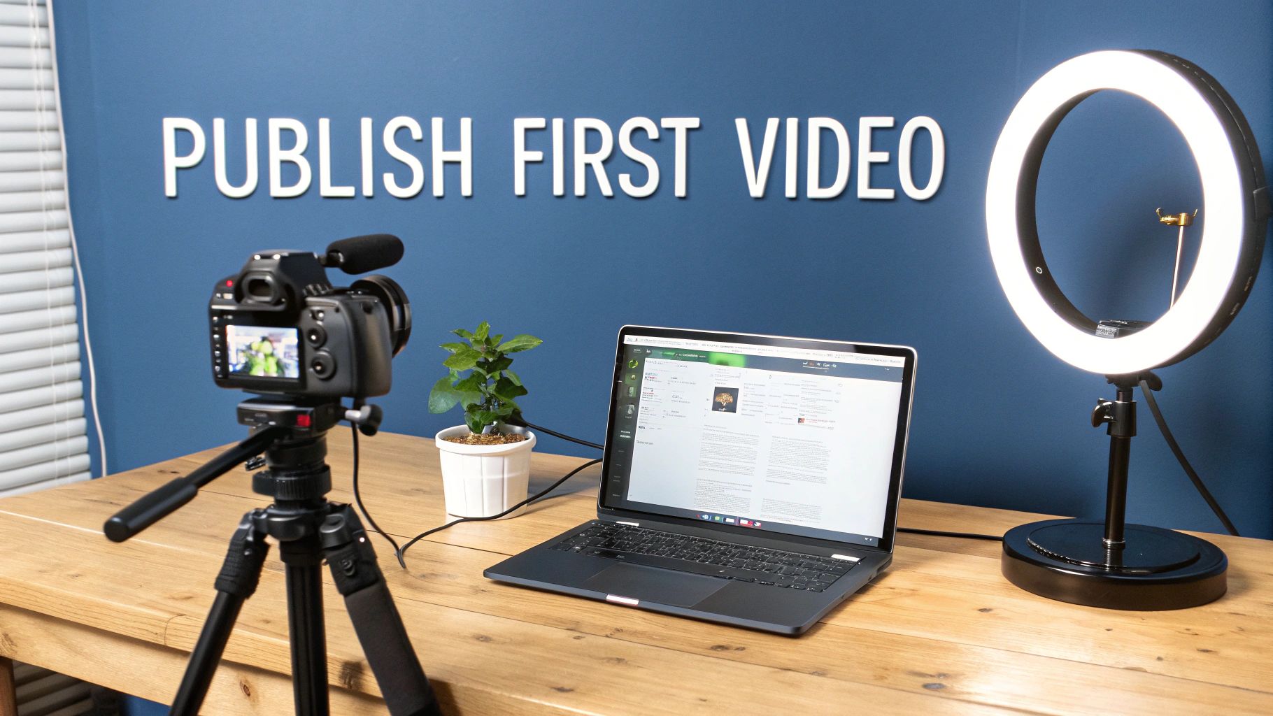 A desk setup with a camera on a tripod, a laptop, a ring light, and a plant for publishing a first video.