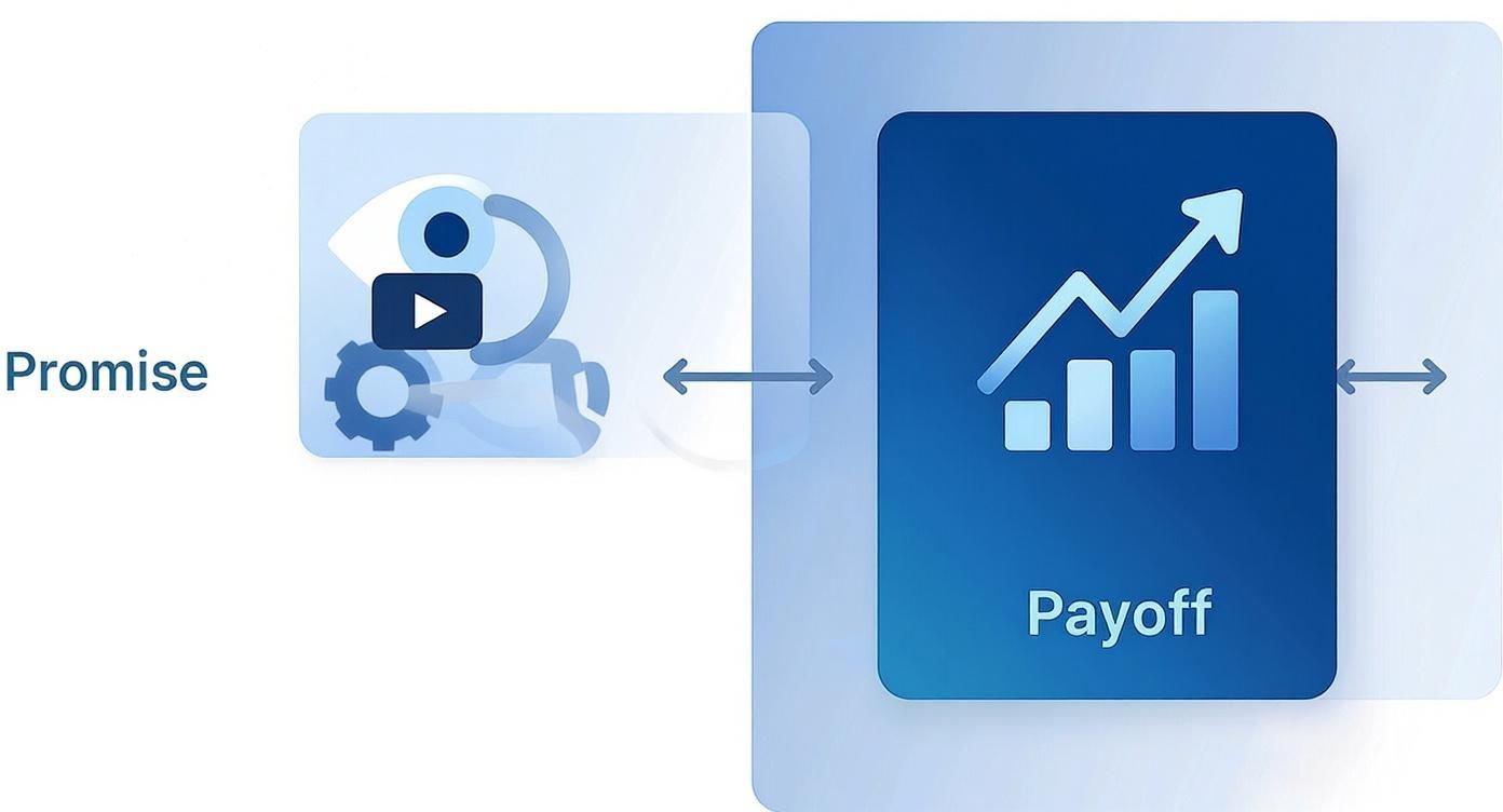 Diagram illustrates a 'Promise' involving visual content and process, transforming into a 'Payoff' of upward growth and results.