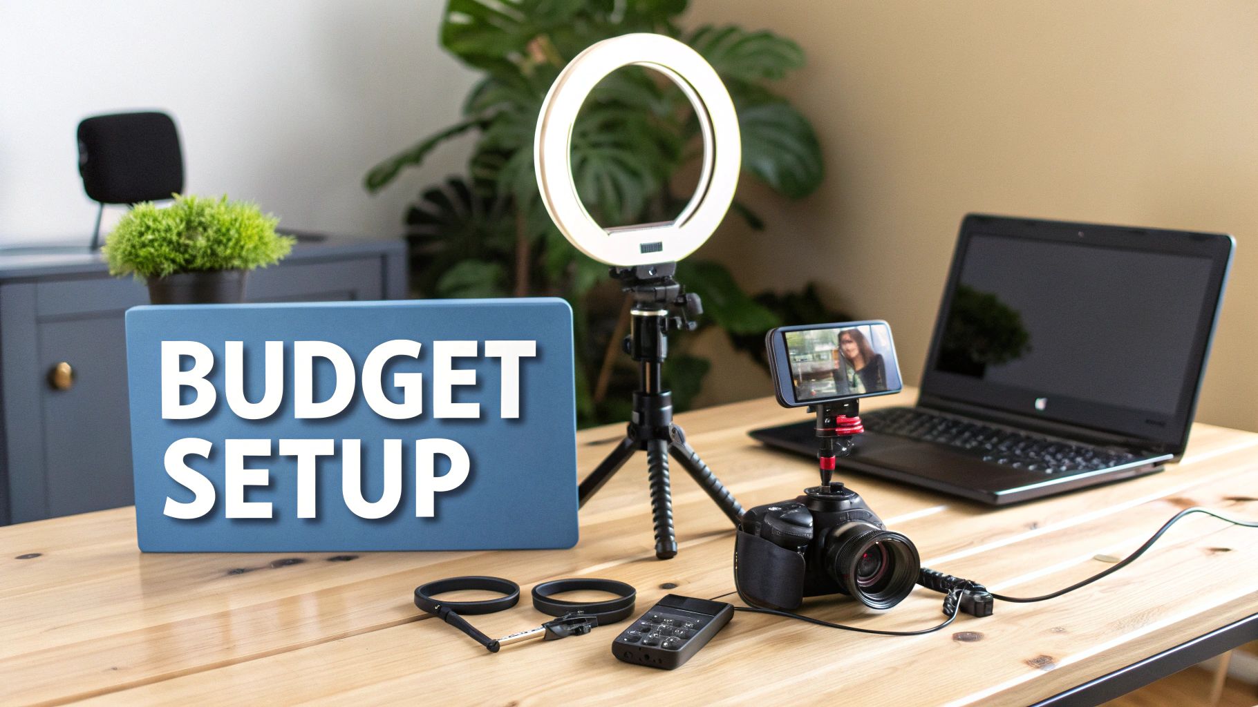 A budget setup for video content creation with a ring light, camera, smartphone, and laptop on a wooden desk.