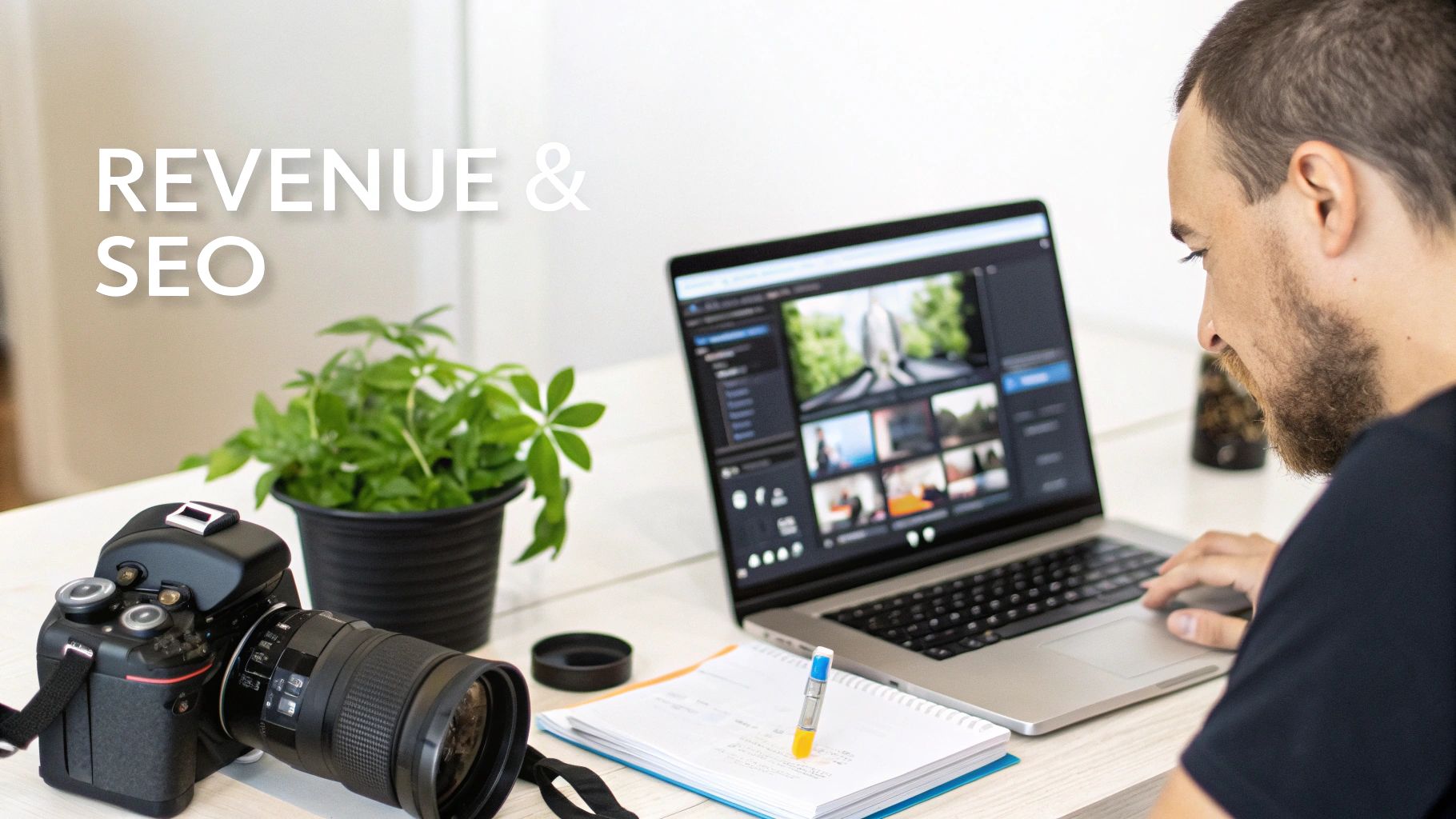 A person editing videos on a laptop with a camera and notebook on a desk, promoting revenue and SEO.