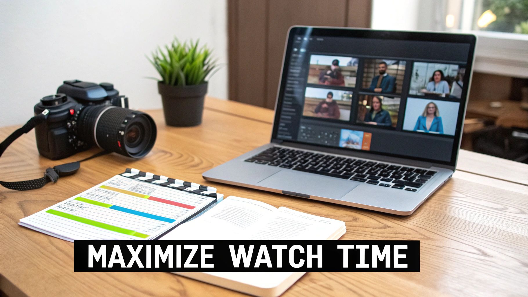 A content creator's desk with a camera, laptop showing video editing, a clapperboard, and an open book.