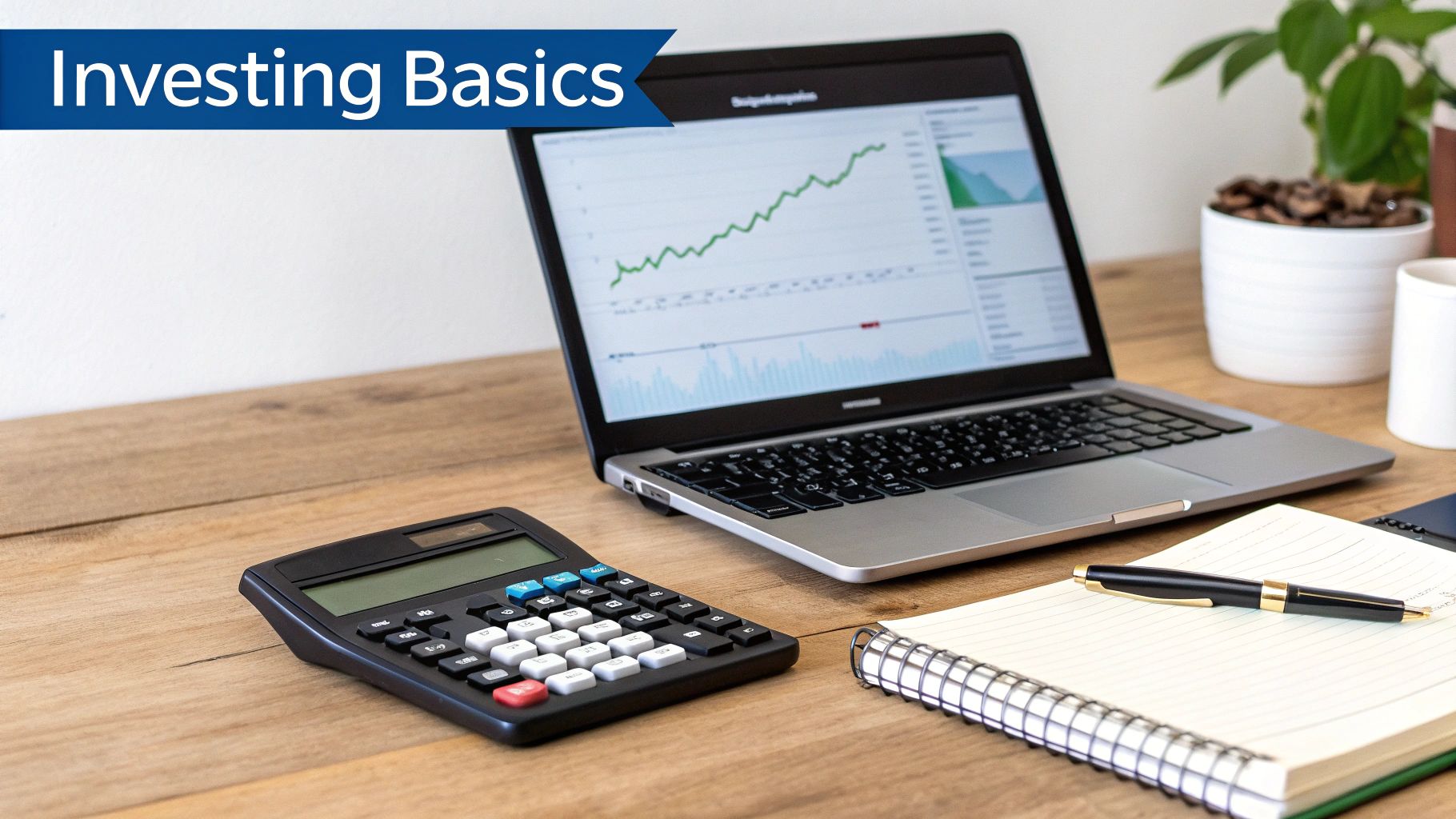 A wooden desk with a laptop displaying an investing graph, a calculator, notebook, and pen, titled 'Investing Basics'.