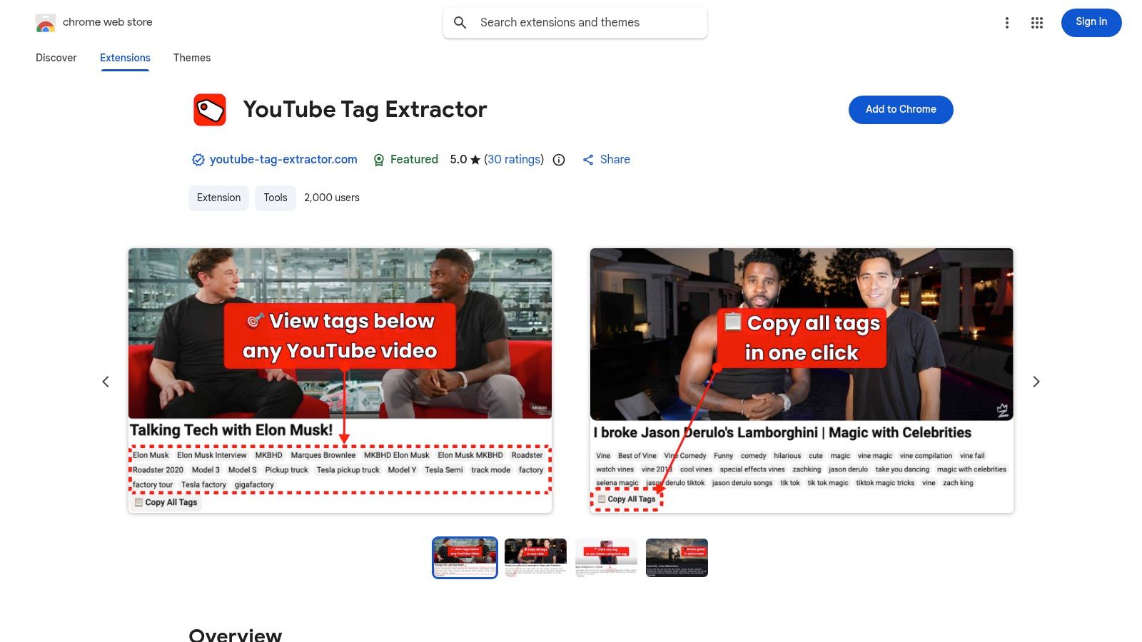 Chrome Web Store – "YouTube Tag Extractor" extension showing tags on a YouTube page.