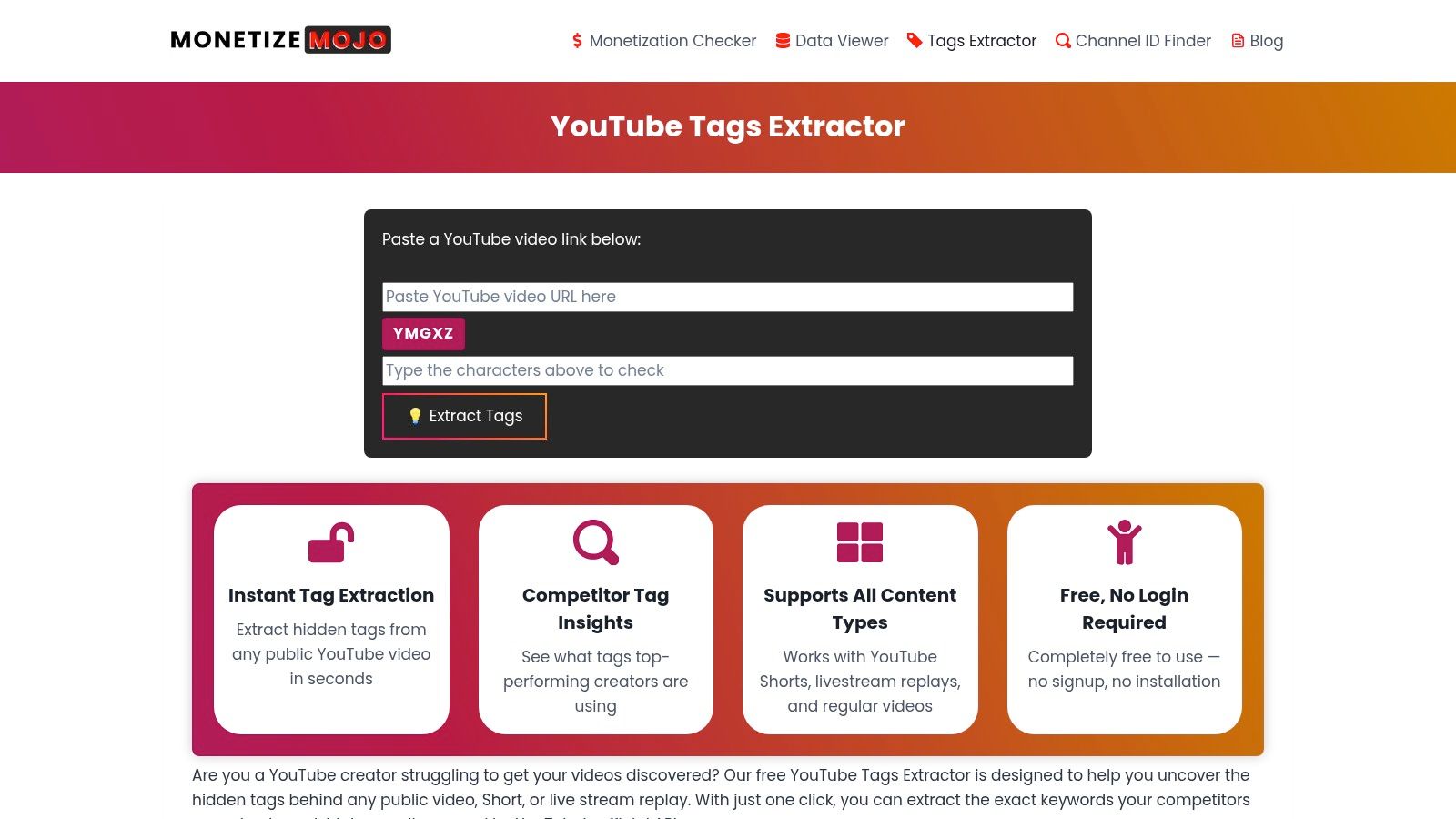 MonetizeMojo – YouTube Tags Extractor showing the simple URL input field and tag output.