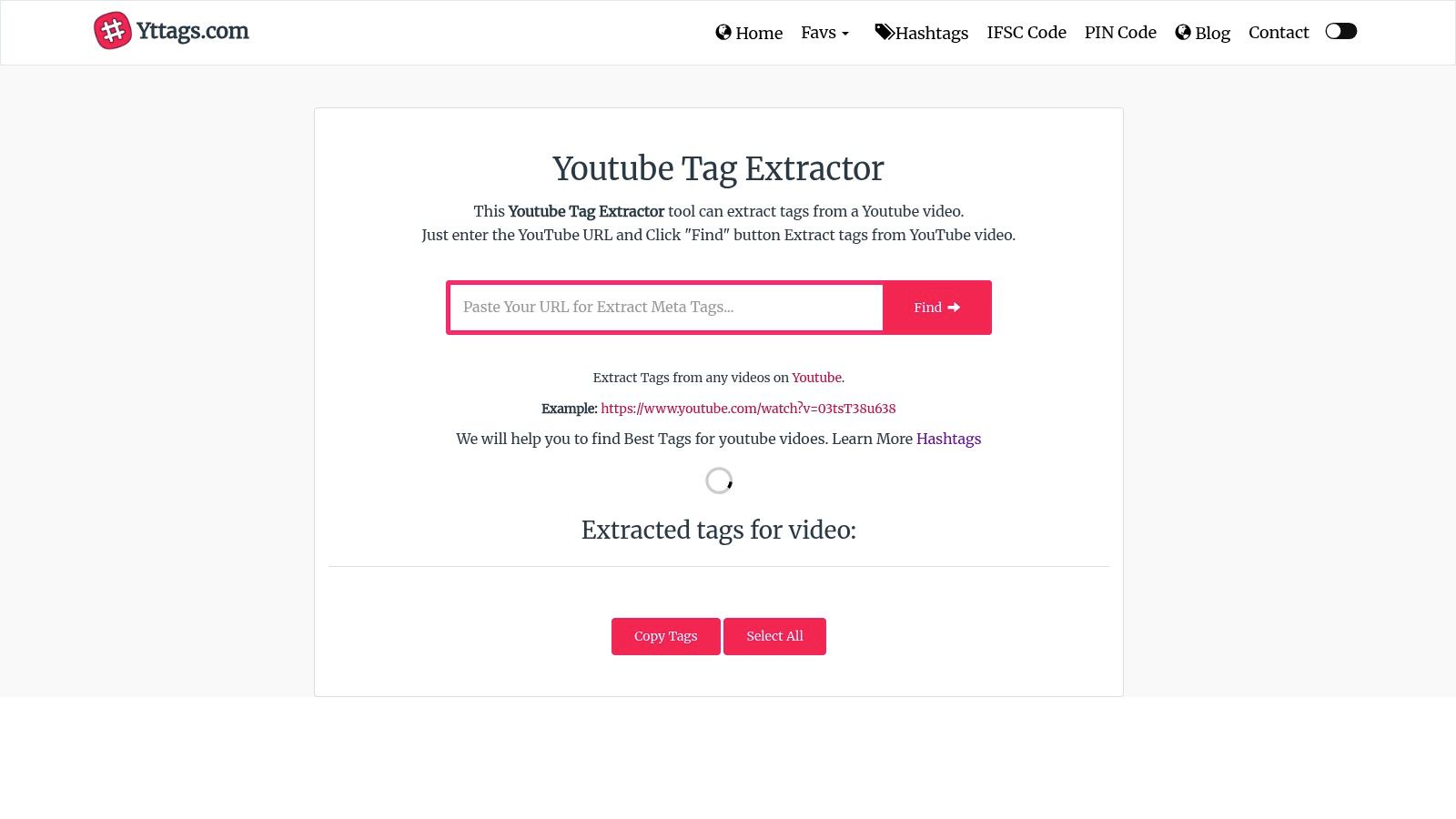 YTtags – YouTube Tags Extractor interface showing a URL input field and extracted tags.