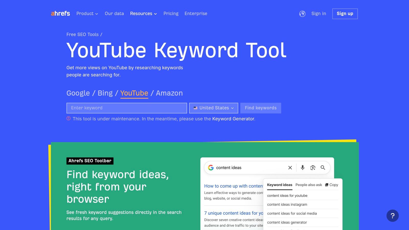 Ahrefs (YouTube Keyword Tool / Keywords Explorer)