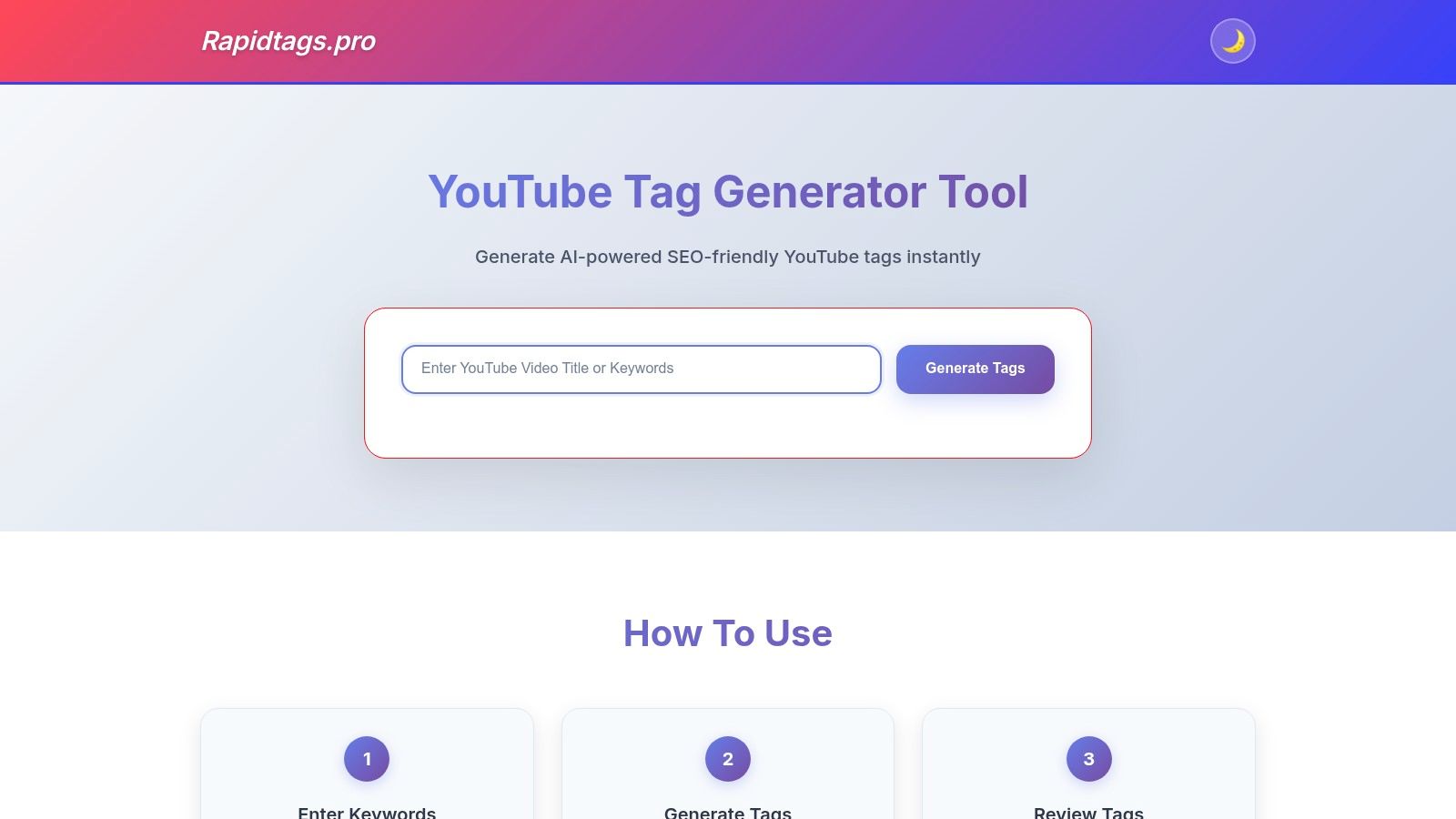 RapidTags' interface showing generated YouTube video tags from a keyword.