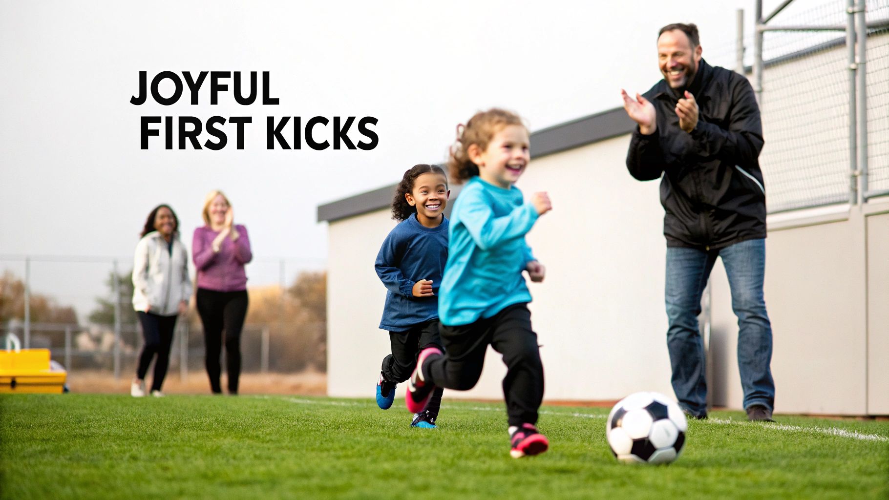 Smiling children run with a soccer ball on a green field as happy adults clap.