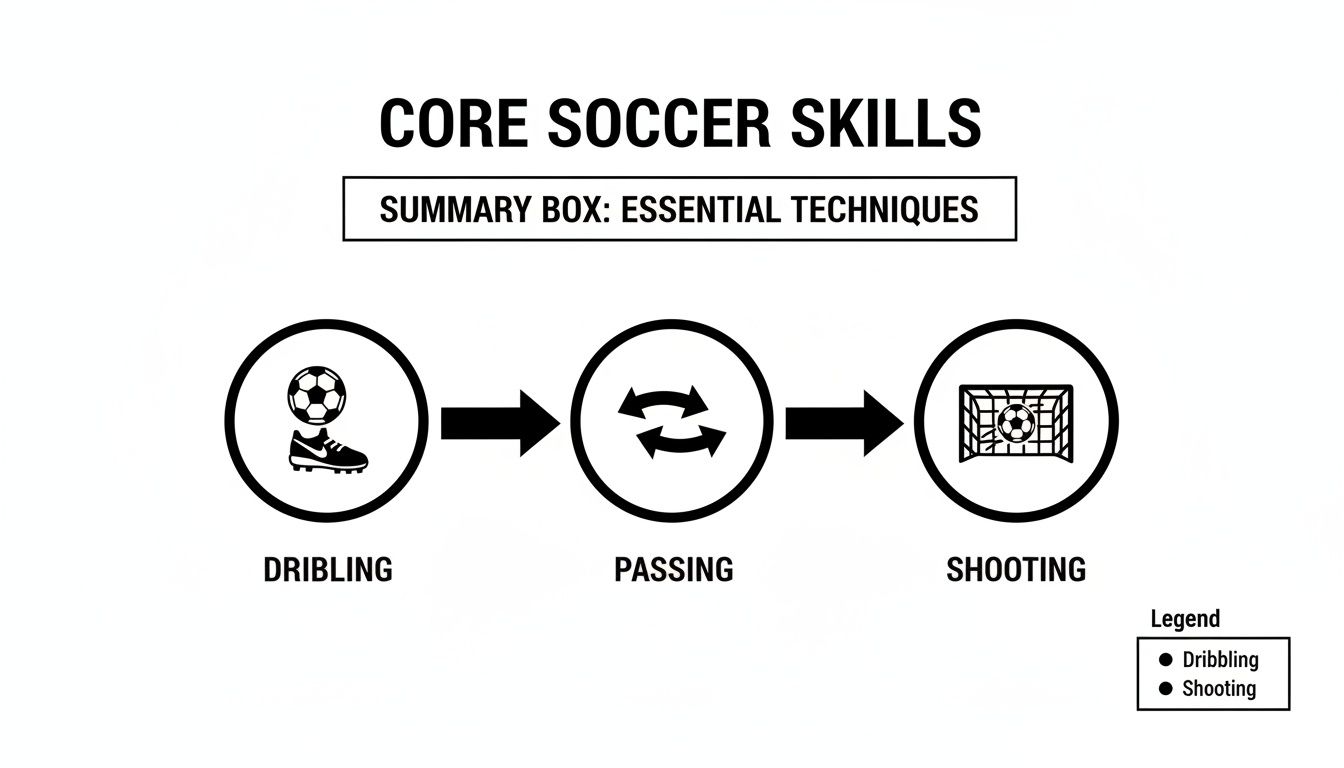Diagram illustrating core soccer skills: dribbling, passing, and shooting, with corresponding icons.