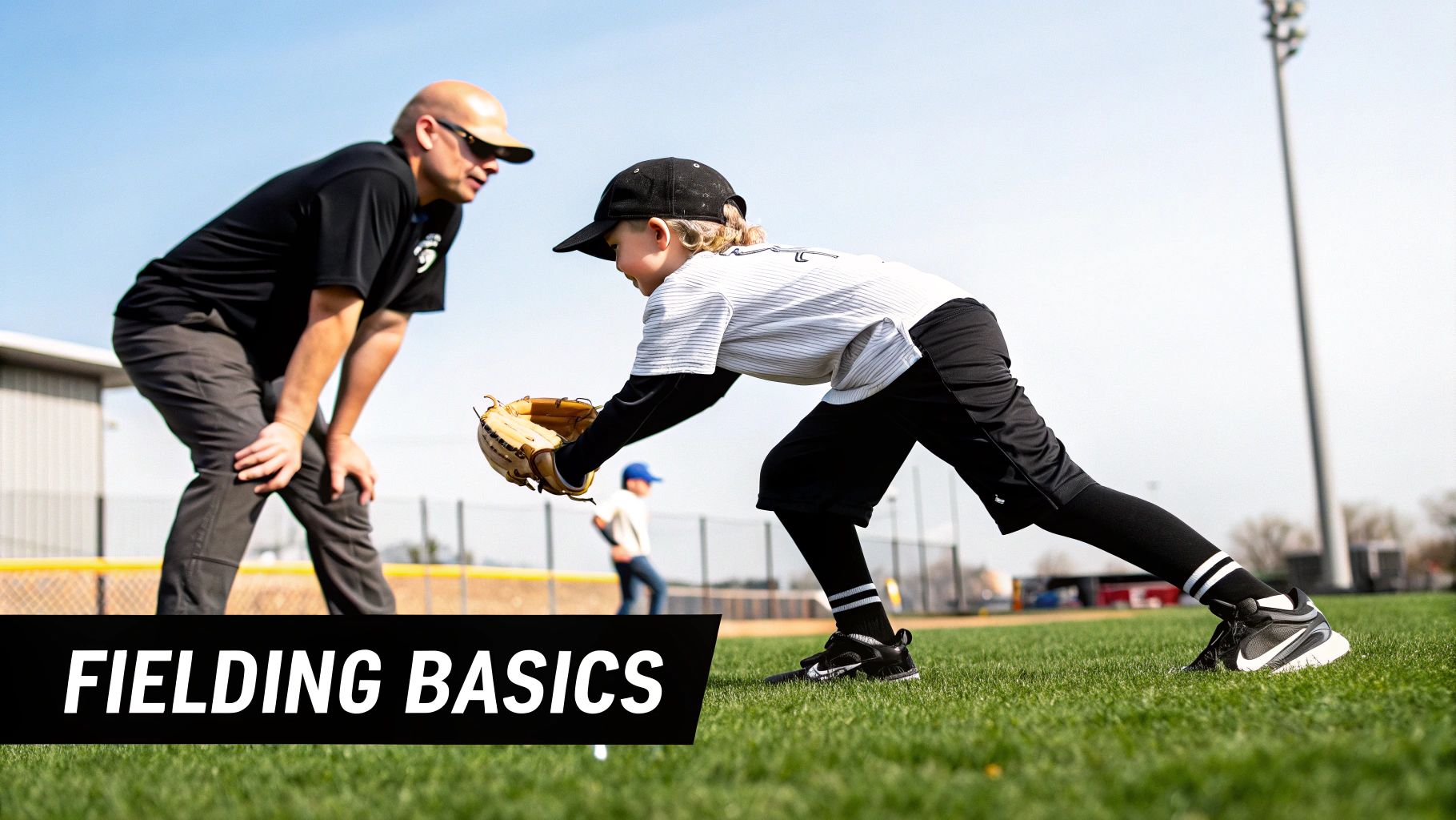 A coach teaches a young boy proper fielding technique with a baseball glove on a sunny field.