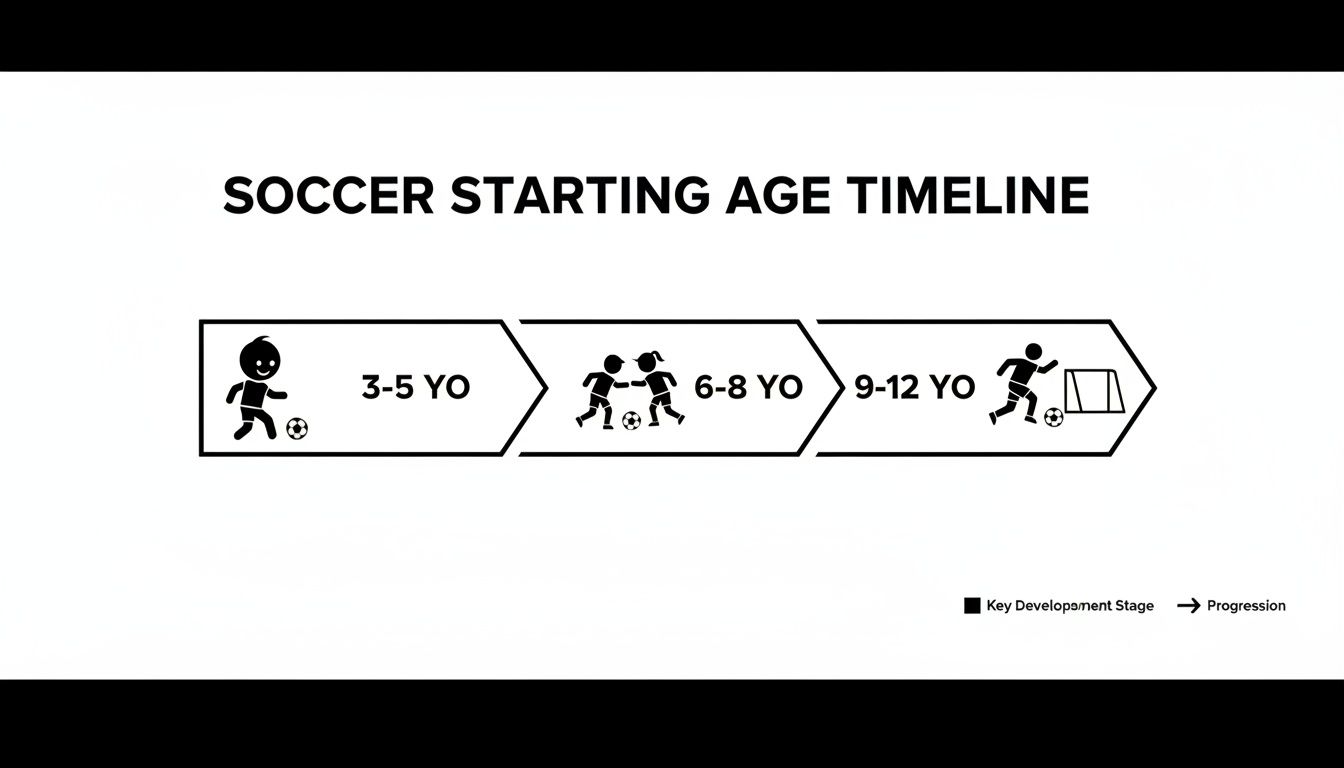 A soccer starting age timeline showing progression from 3-5 years old, 6-8 years old, to 9-12 years old.