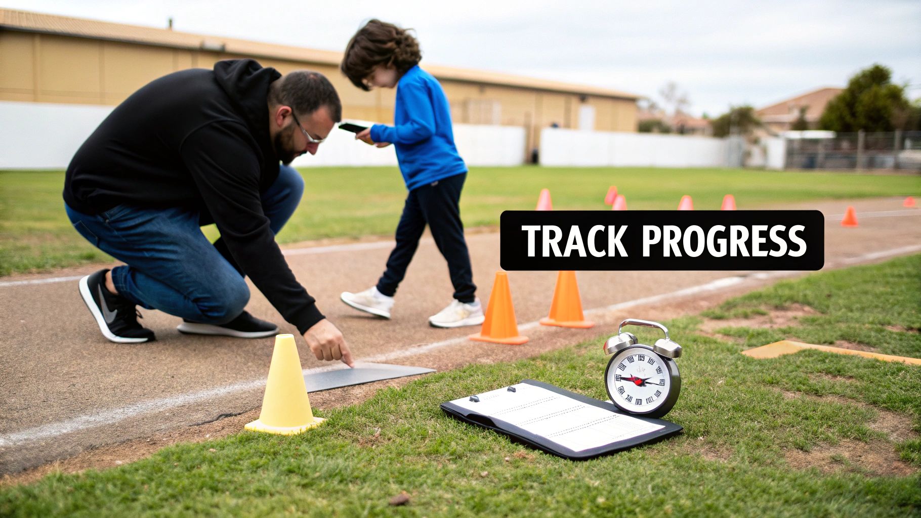 A coach and child on a track setting up cones for a training drill, tracking progress.