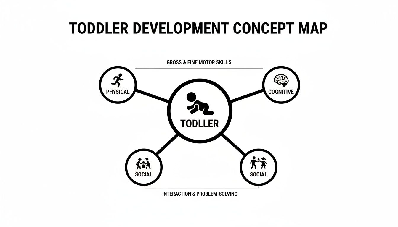 A concept map showing toddler development, including physical, cognitive, and social aspects, linked by motor skills and problem-solving.