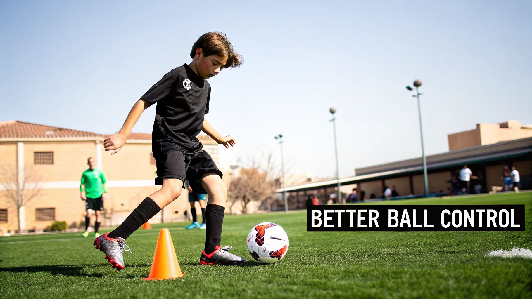 A young boy in a black soccer uniform practices dribbling a soccer ball on a green field.