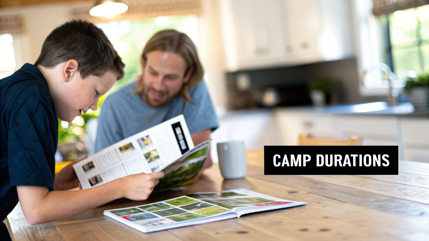 A young boy and an adult reading open brochures about summer camp durations on a wooden table.