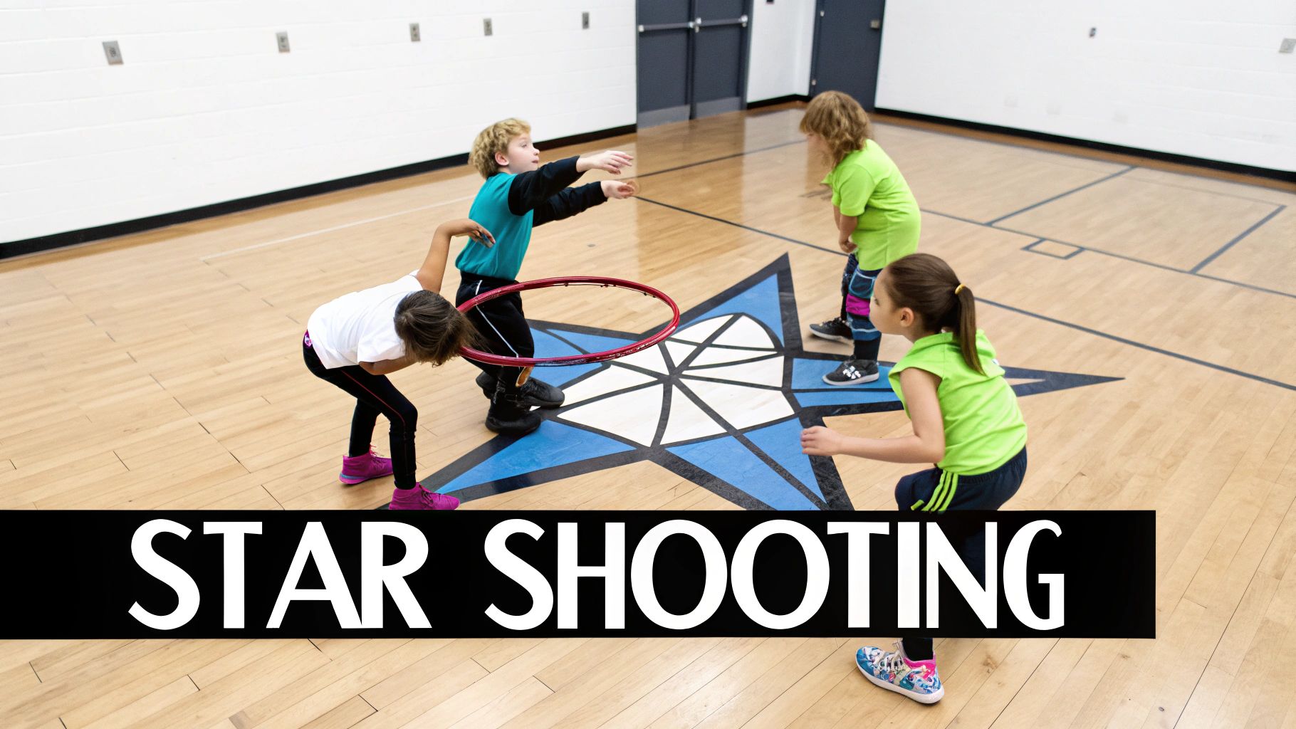 Kids practice "Star Shooting" in a gym, using a hula hoop and star-shaped floor mat.