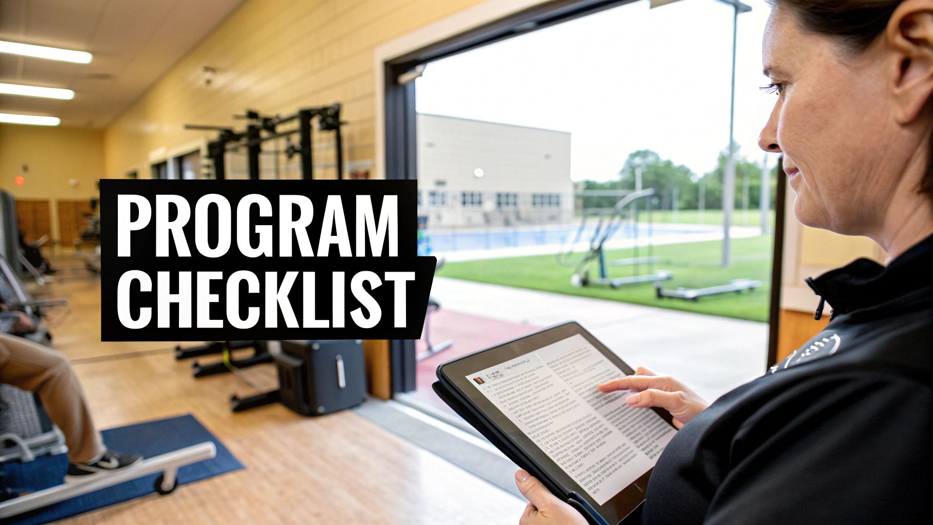 Woman in a gym consults a tablet showing a program checklist, with indoor and outdoor sports facilities.