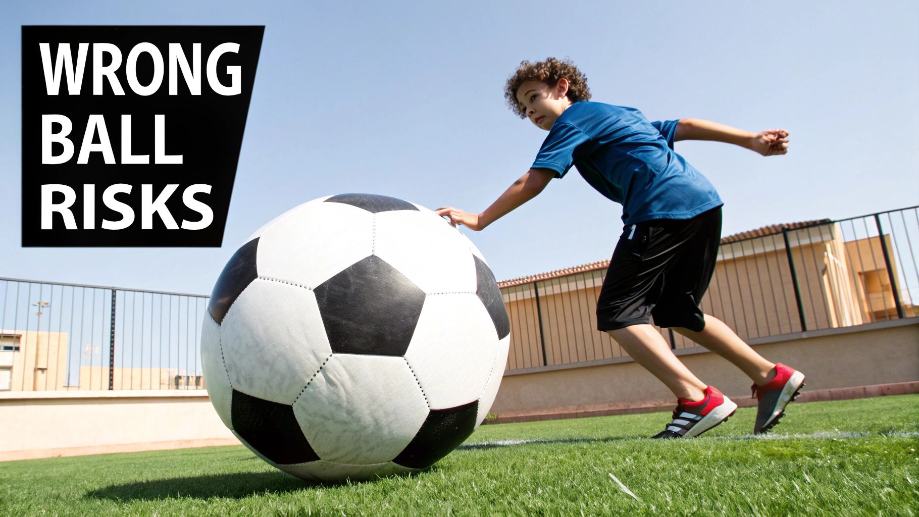 A young boy in sportswear stands next to a giant soccer ball on a green turf field with text overlay.