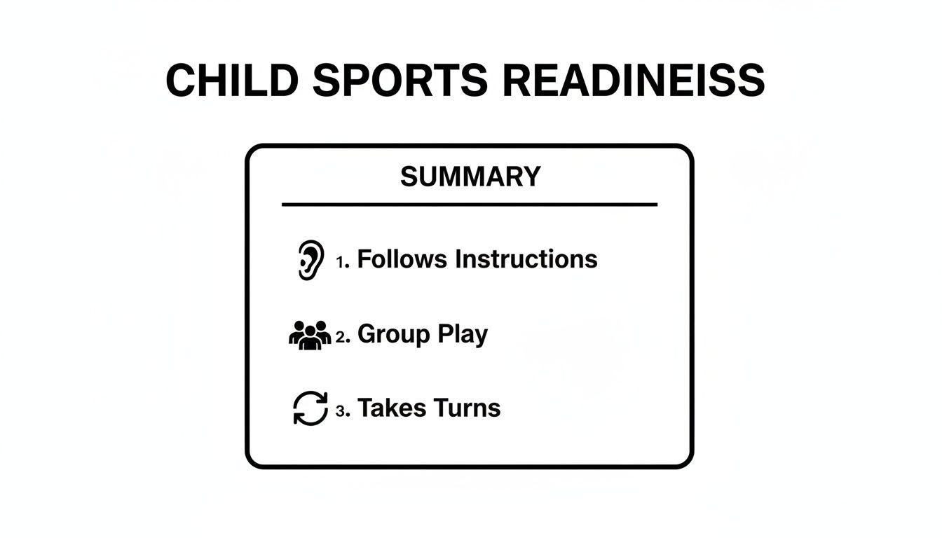 A diagram titled 'Child Sports Readiness' listing key summary points: follows instructions, group play, and takes turns.