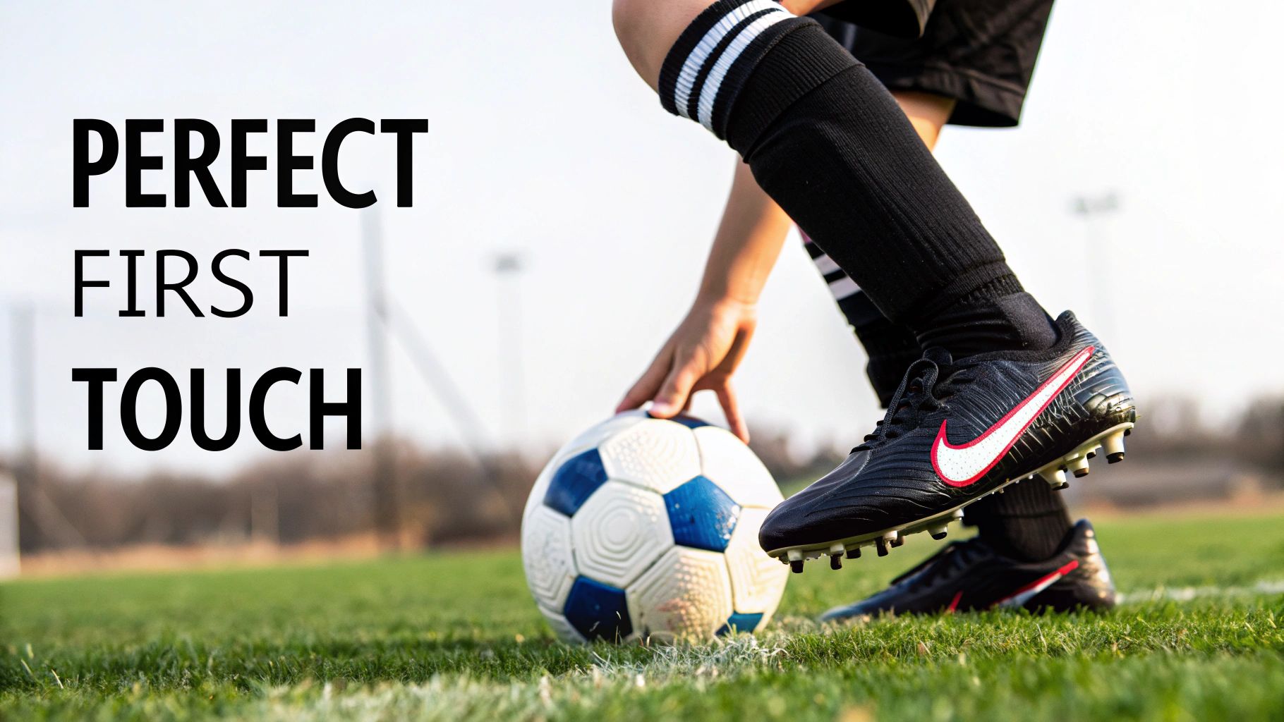 A soccer player in black cleats and socks touches a blue and white ball on a grassy field, with text 'PERFECT FIRST TOUCH'.
