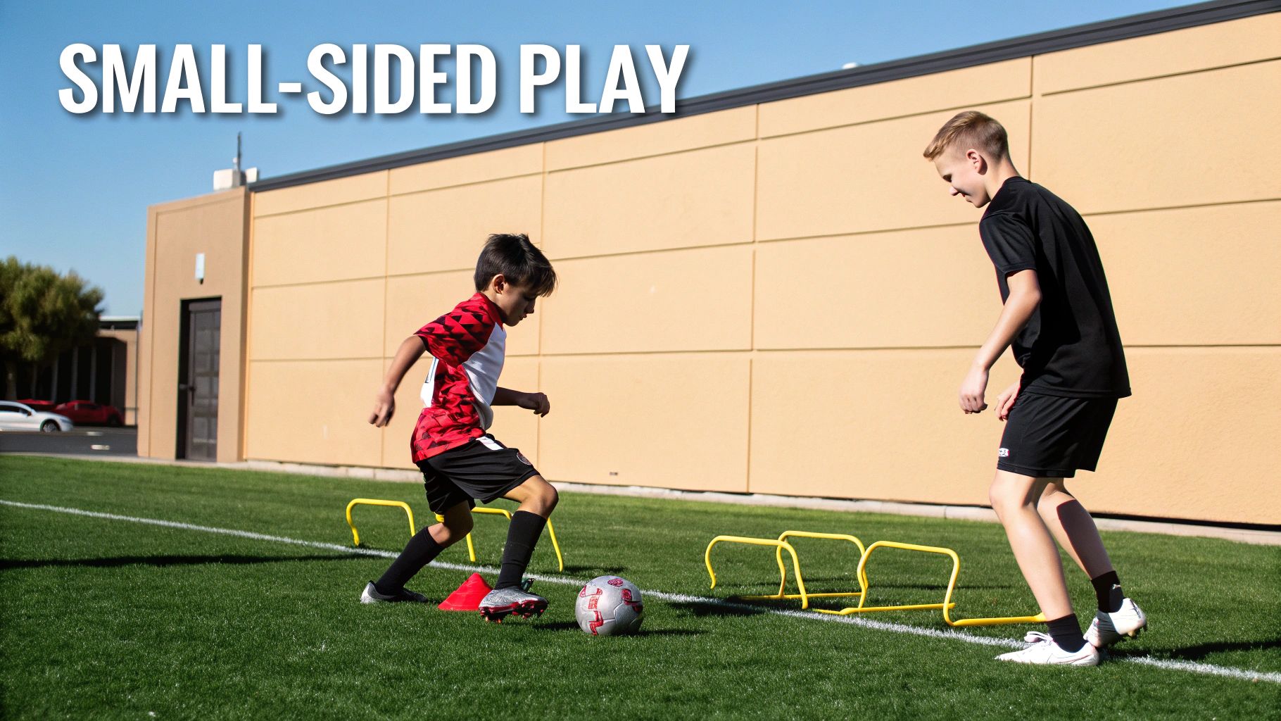 Two boys practicing soccer dribbling on a green field with cones and hurdles.