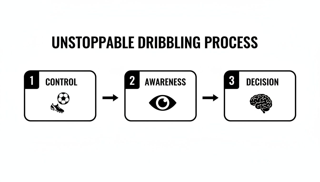 Diagram illustrates the Unstoppable Dribbling Process: 1 Control (soccer ball), 2 Awareness (eye), 3 Decision (brain).