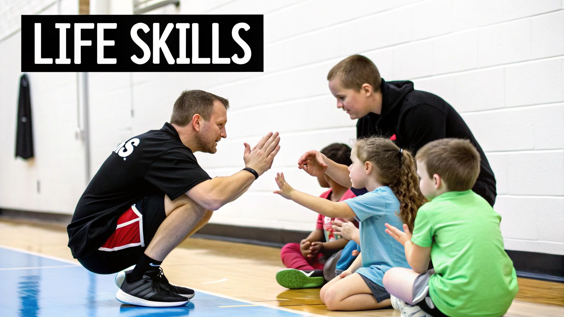 A coach crouches, giving a high-five to a young girl during a youth basketball training program, teaching life skills.
