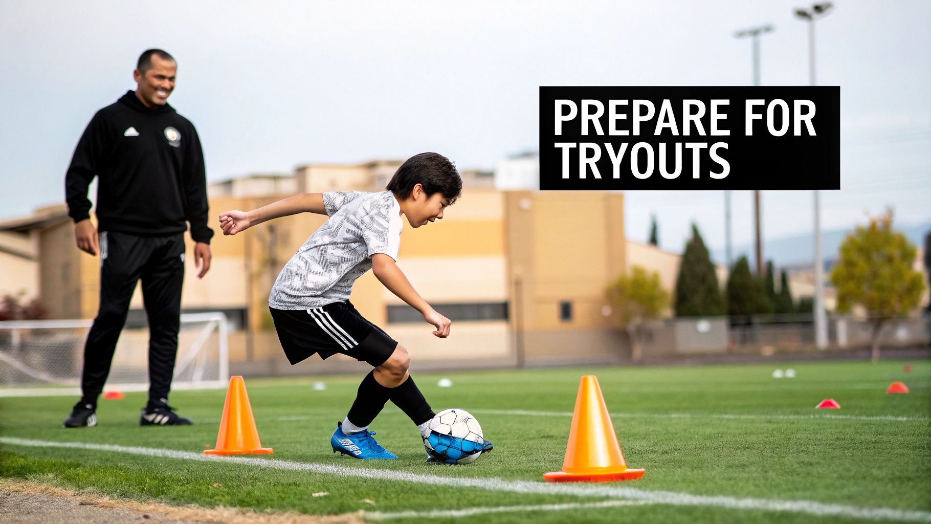 A smiling soccer coach watches a young boy dribbling a ball around cones on a green field, preparing for tryouts.