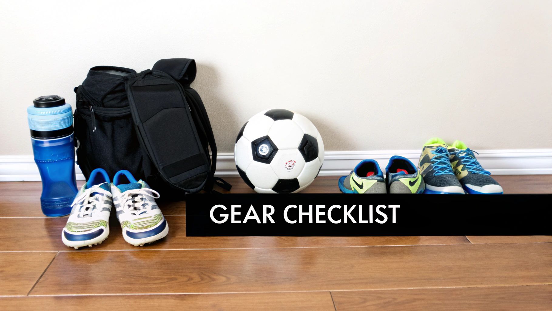 Sports gear for children and adults, including a soccer ball, water bottle, backpack, cleats, and running shoes.