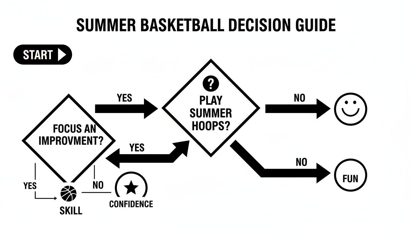A flowchart titled 'Summer Basketball Decision Guide' outlining decisions for playing, improving skill, or building confidence.