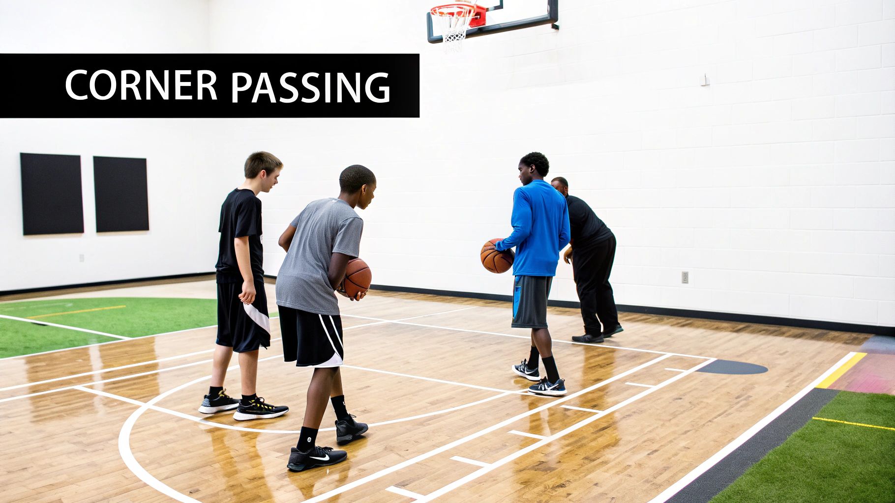 Young athletes practice a corner passing basketball drill on an indoor court with an adult.