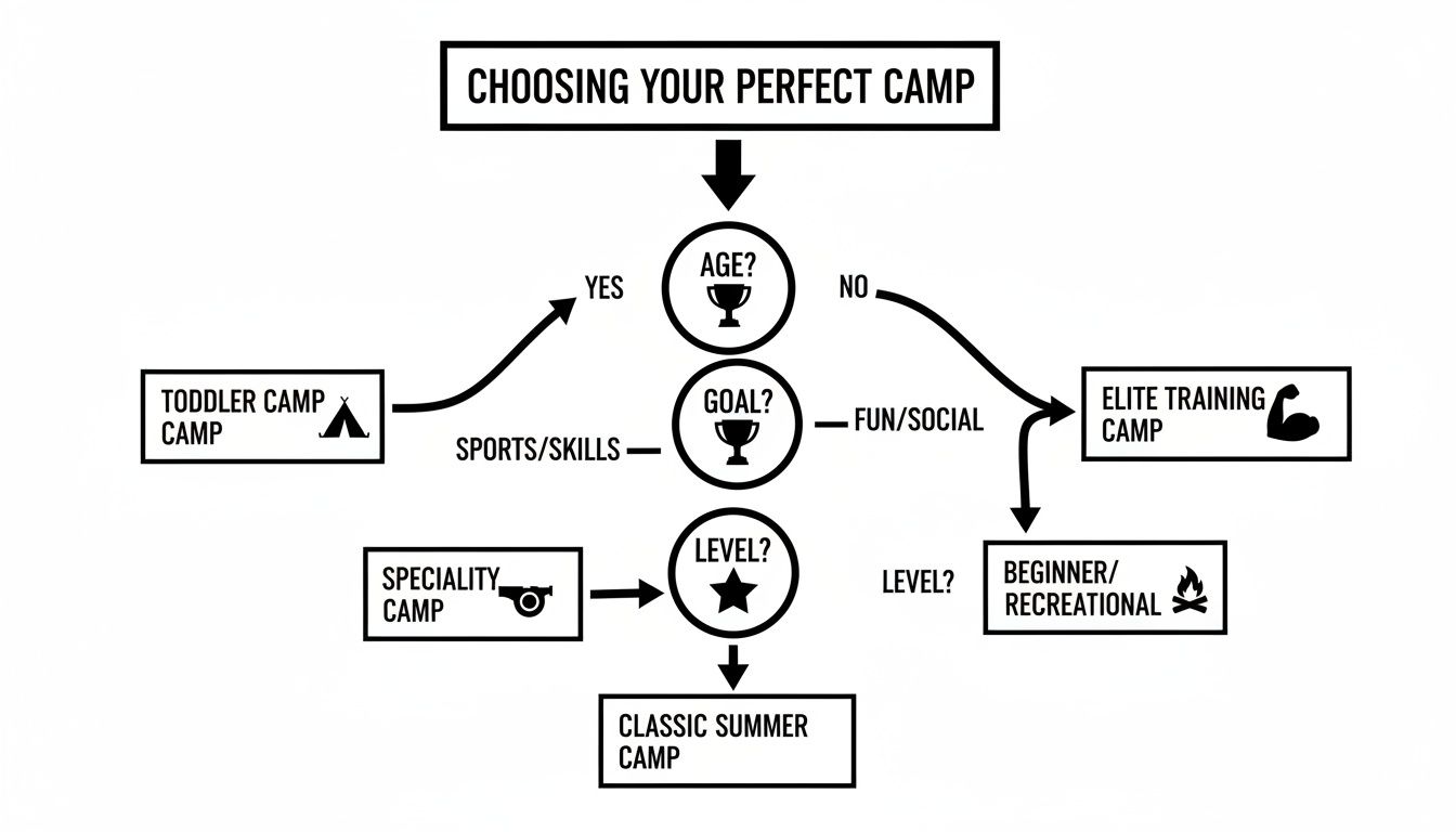 Flowchart guiding users to choose the perfect camp based on age, goals, and skill level.