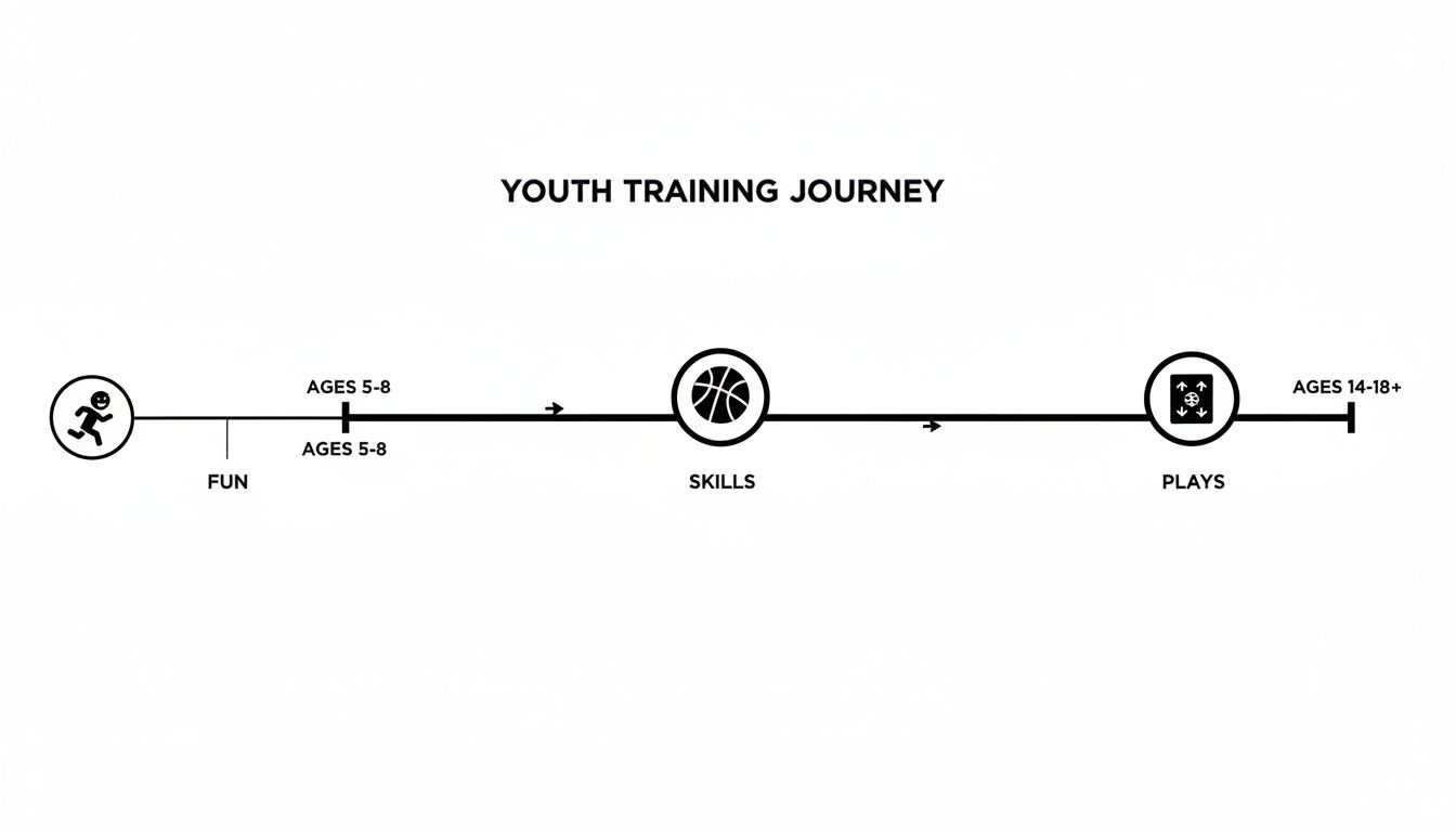 Timeline infographic showing the youth basketball training journey through Fun, Skills, and Plays stages with age ranges.