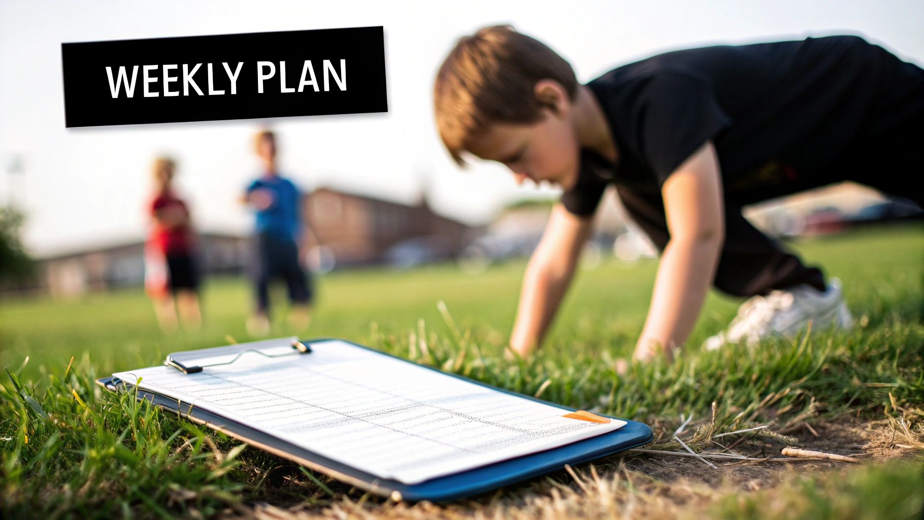 Young boy exercising on a grassy field with a 'Weekly Plan' clipboard in the foreground.