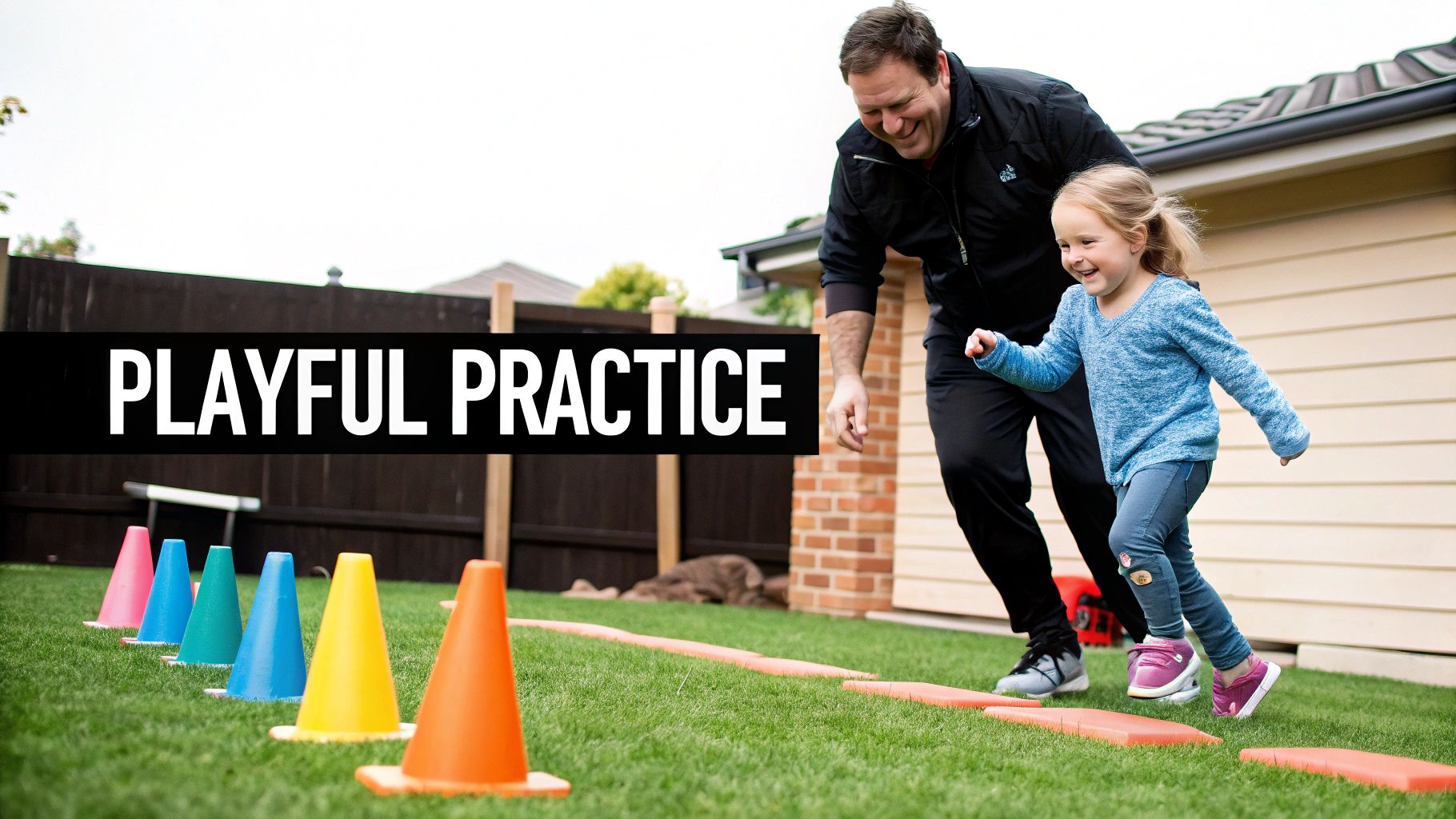 Happy father and daughter engaging in playful practice with colorful cones on a grassy lawn.