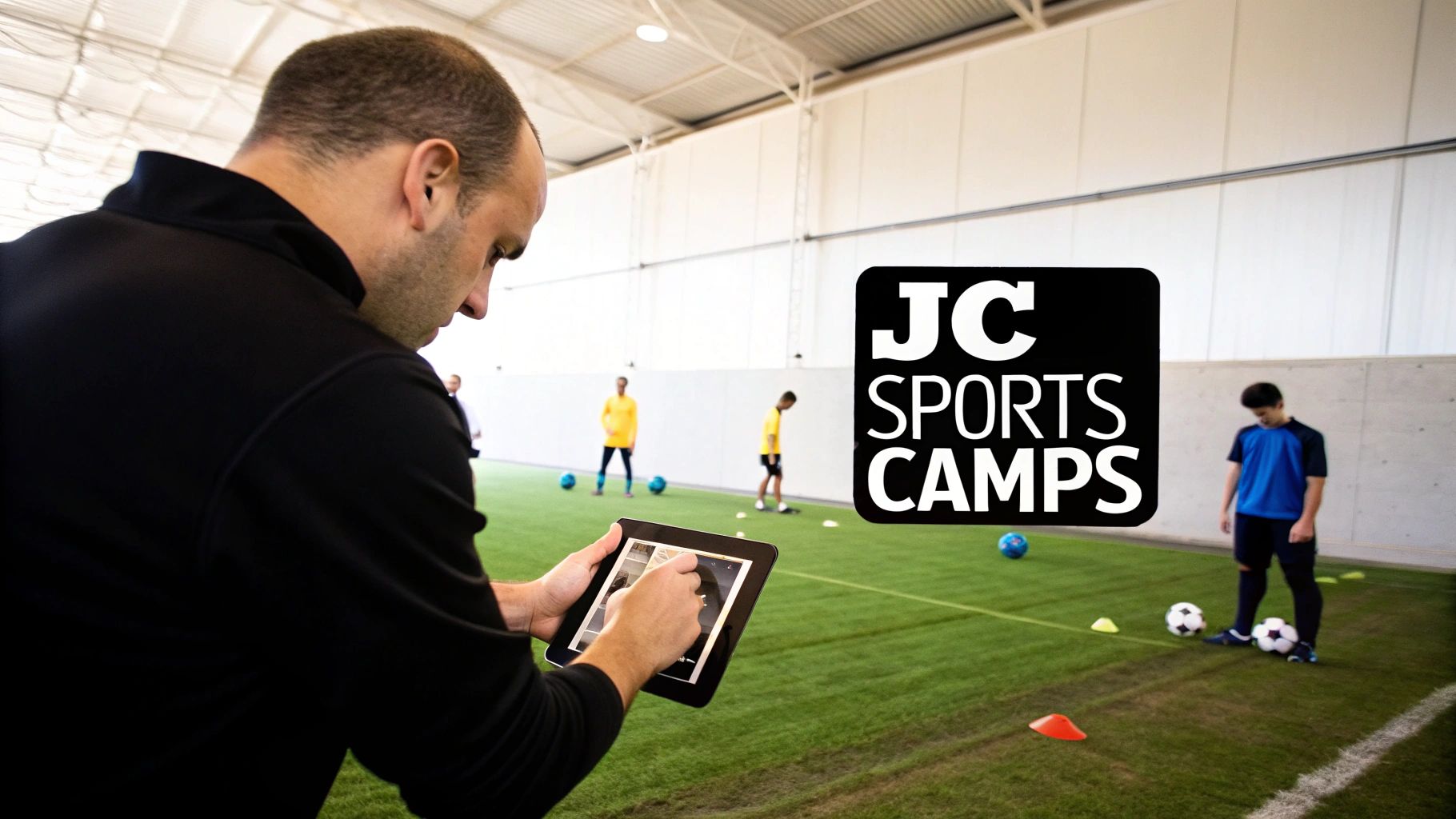An instructor uses a tablet to analyze soccer drills with youth players on an indoor pitch.