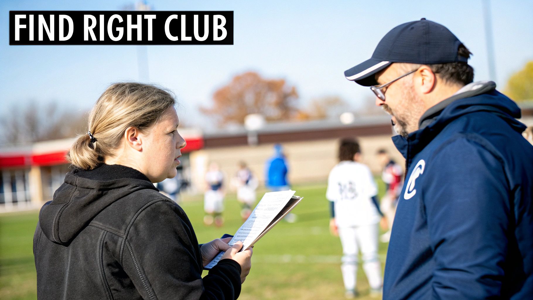 Two adults, likely soccer coaches, discuss on a sunny field with youth players in the background.