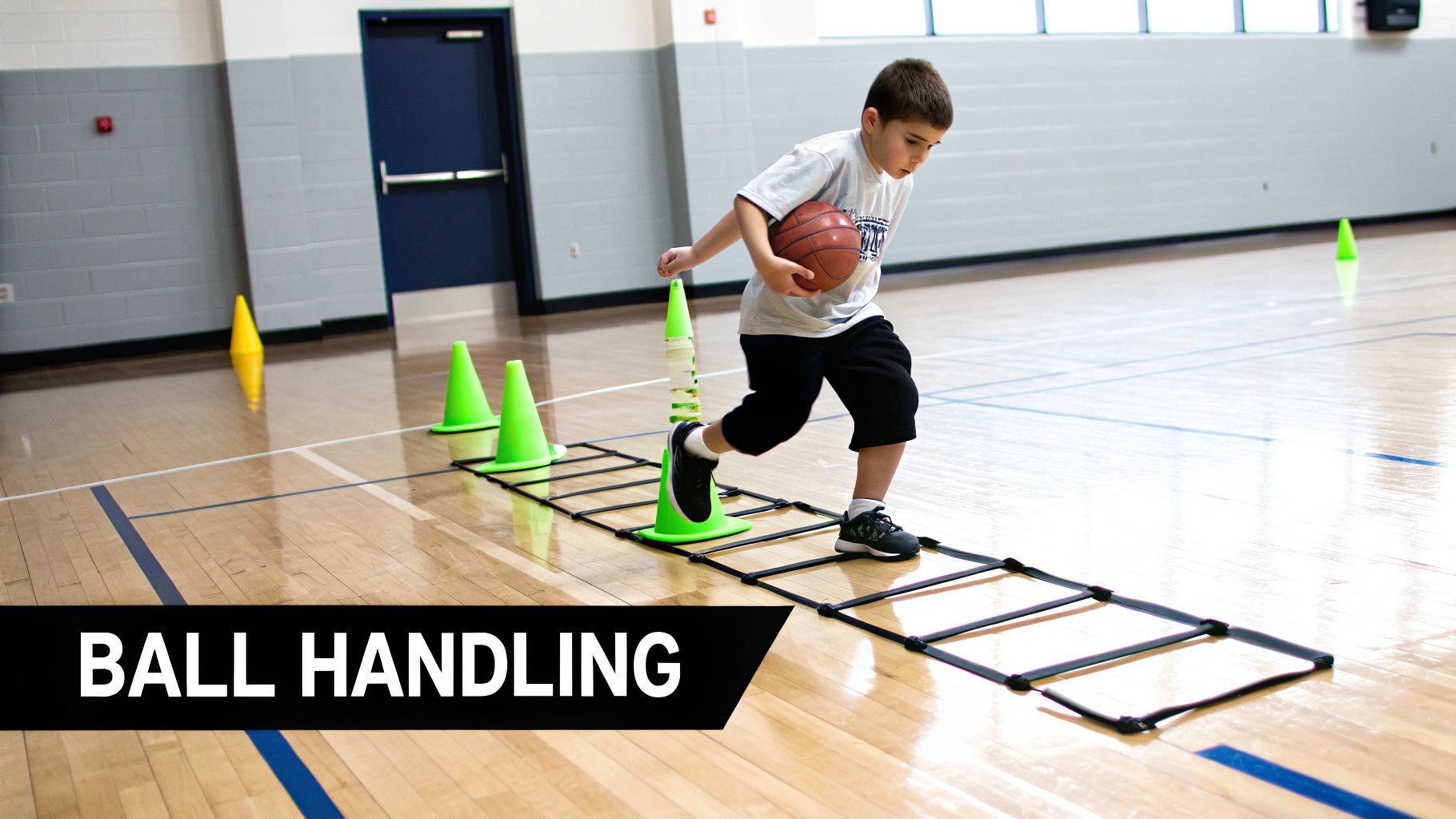 Young boy practices basketball ball handling and footwork drills on a gym court with an agility ladder.