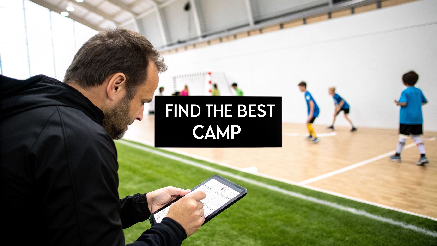 A soccer coach reviews data on a tablet while young players practice in an indoor facility.
