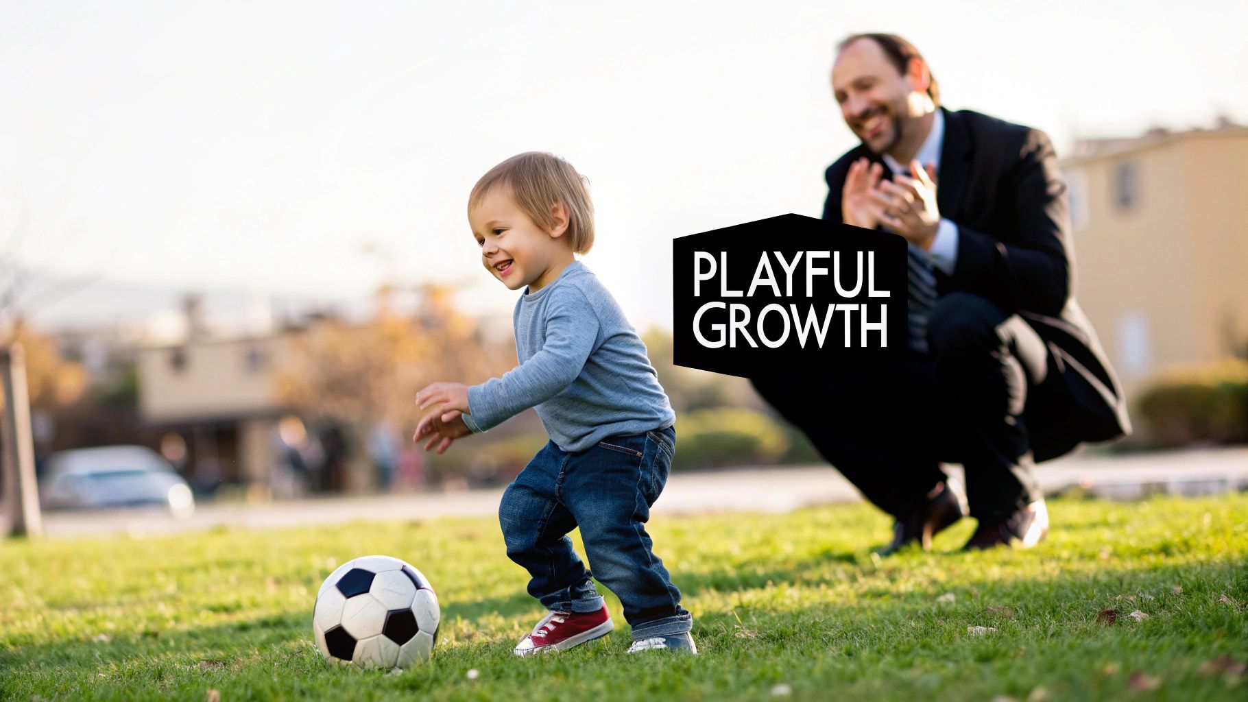 A joyful toddler kicks a soccer ball on a grassy field, with a smiling man in a suit clapping.
