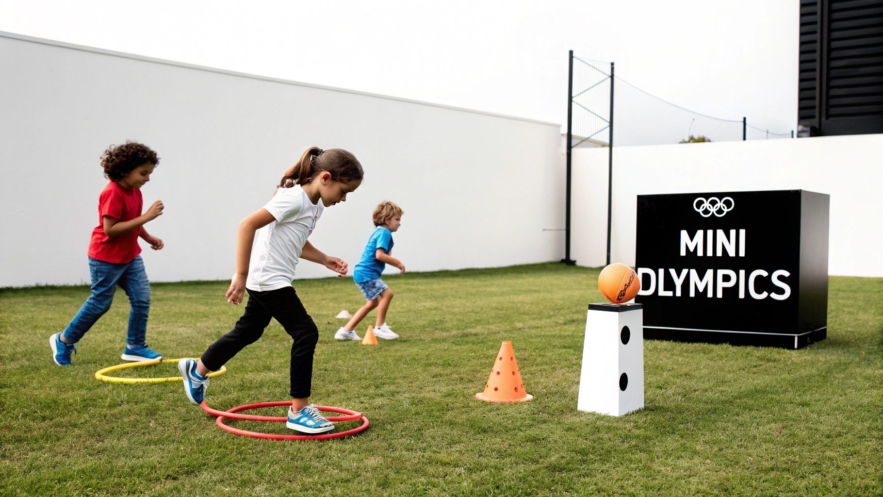 Three children play agility games with hoops and cones at a Mini Olympics event outdoors.