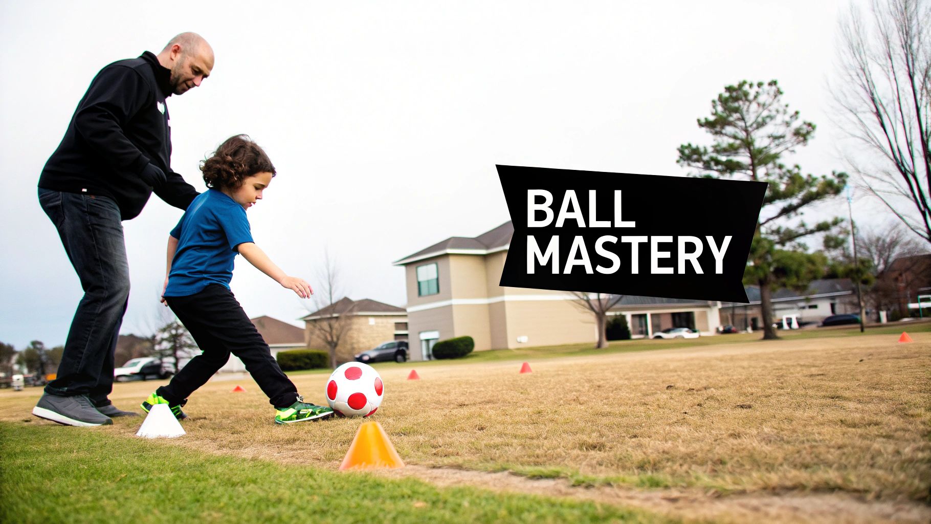 A father teaching his young son to play soccer on a field with cones and a ball.