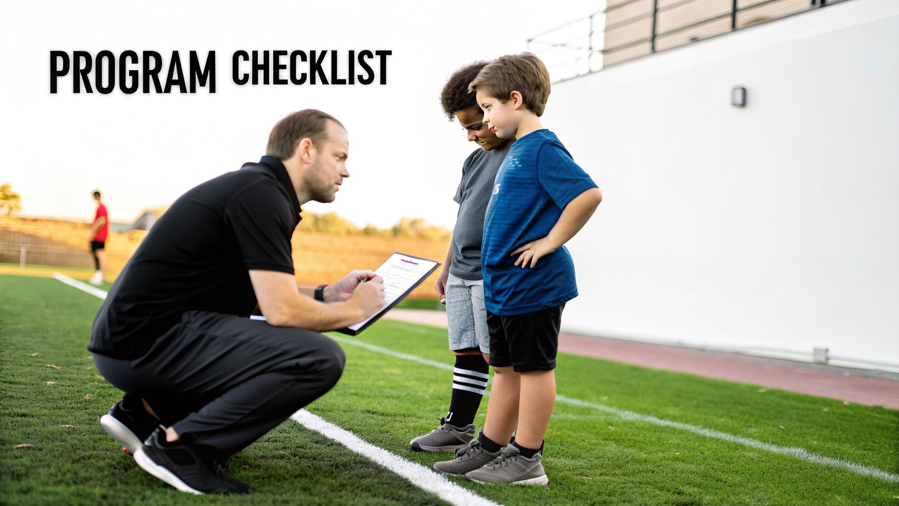 A male coach crouches on a green sports field, writing on a clipboard while talking to two young boys.
