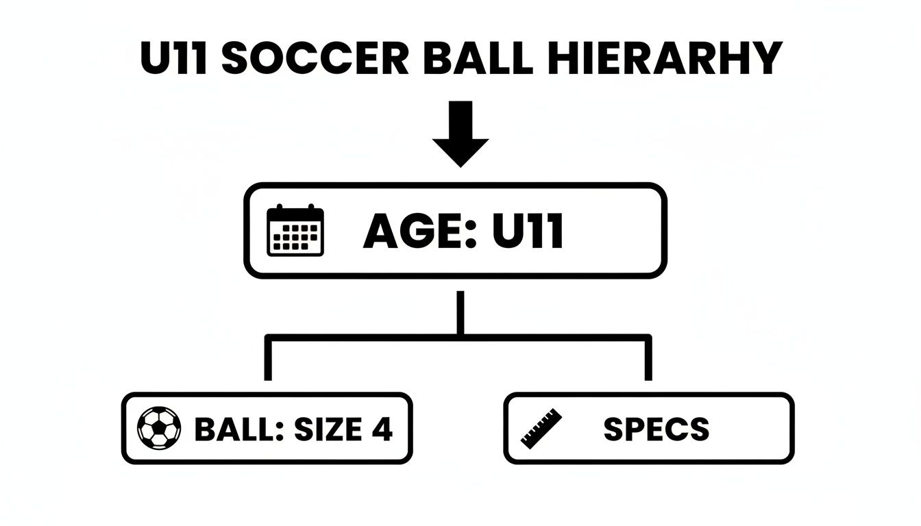 A hierarchy chart detailing U11 soccer ball requirements: age U11, ball size 4, and specs.