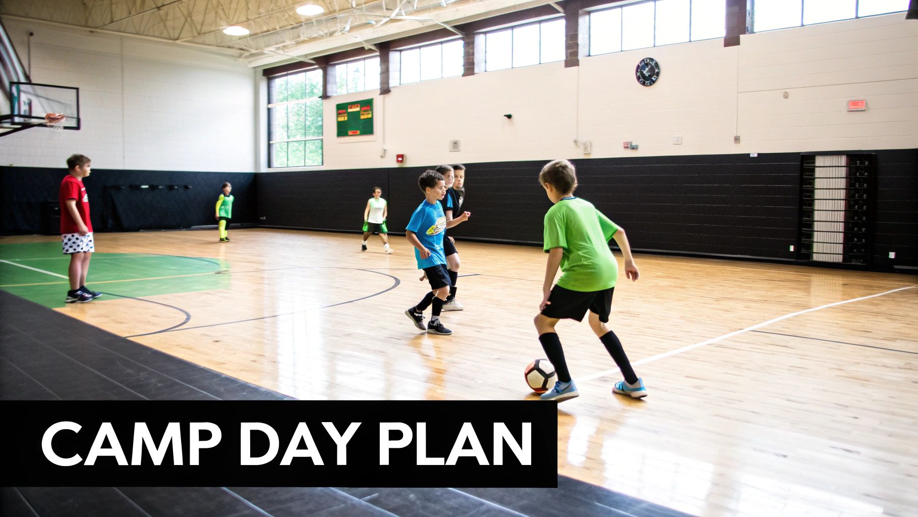 Young boys play indoor soccer on a polished wooden court at a sports facility.