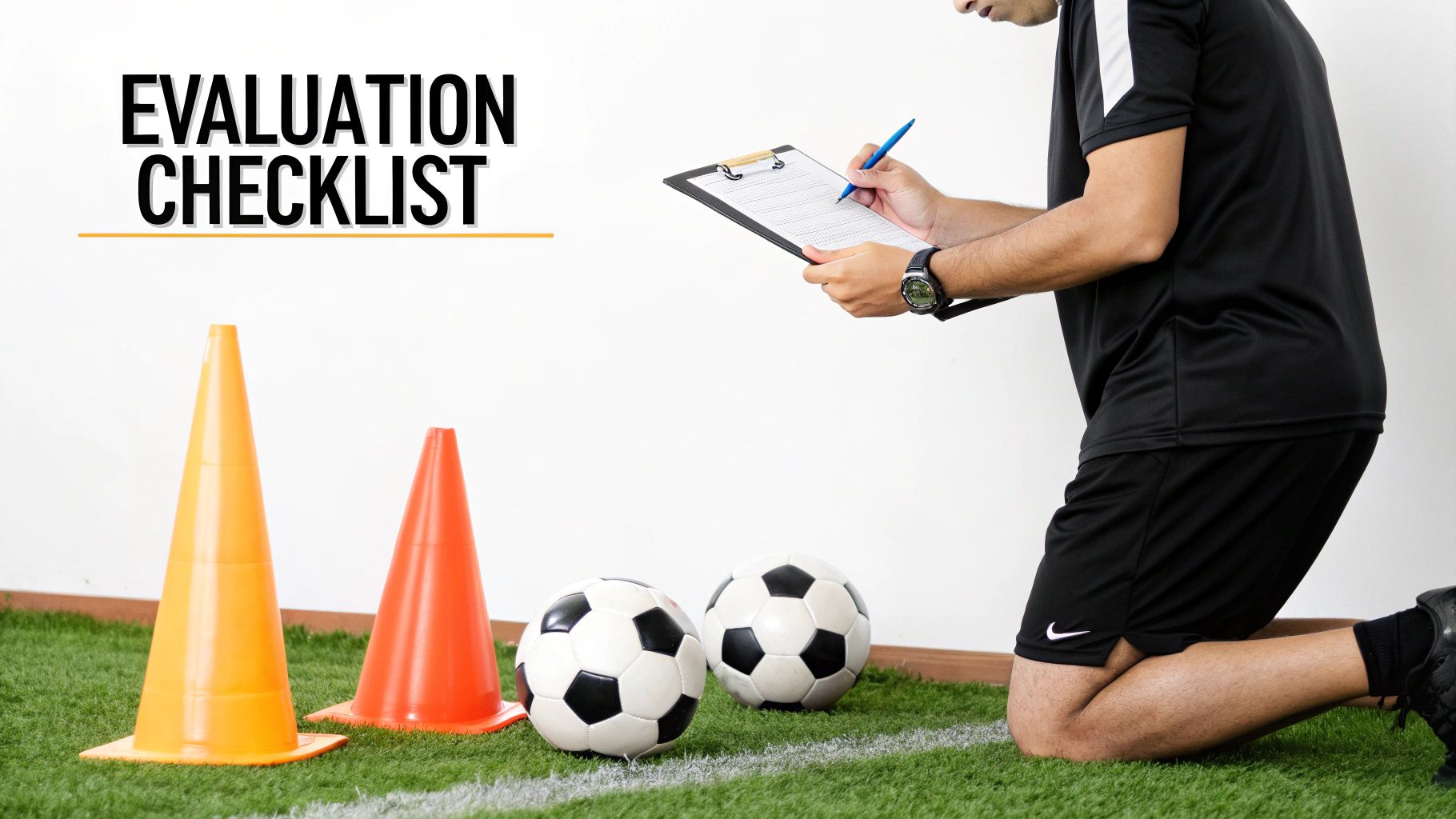 A soccer coach kneels on a field, filling out an evaluation checklist during training.