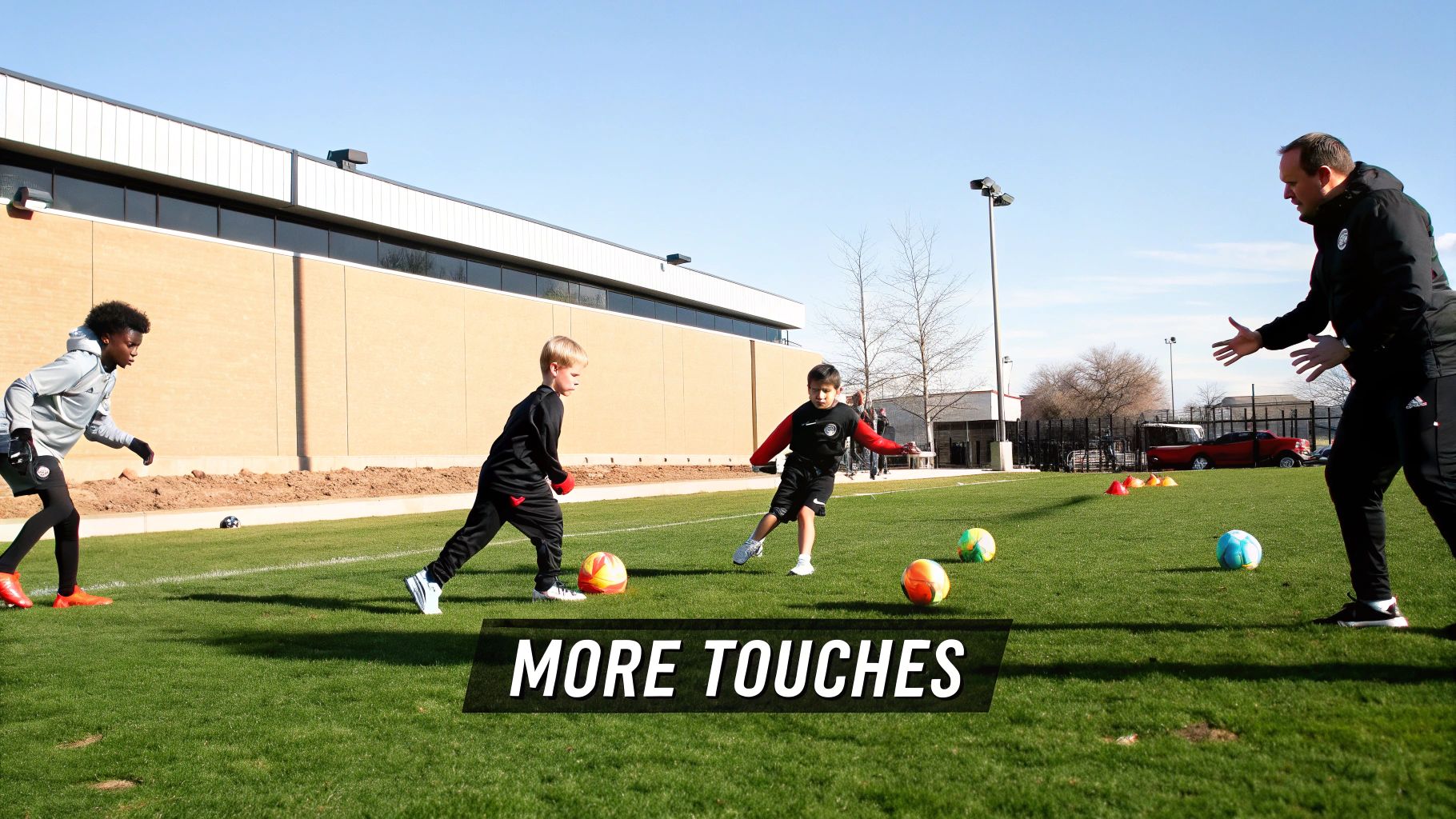 A soccer coach instructs young boys practicing with colorful soccer balls and cones on a sunny green field.