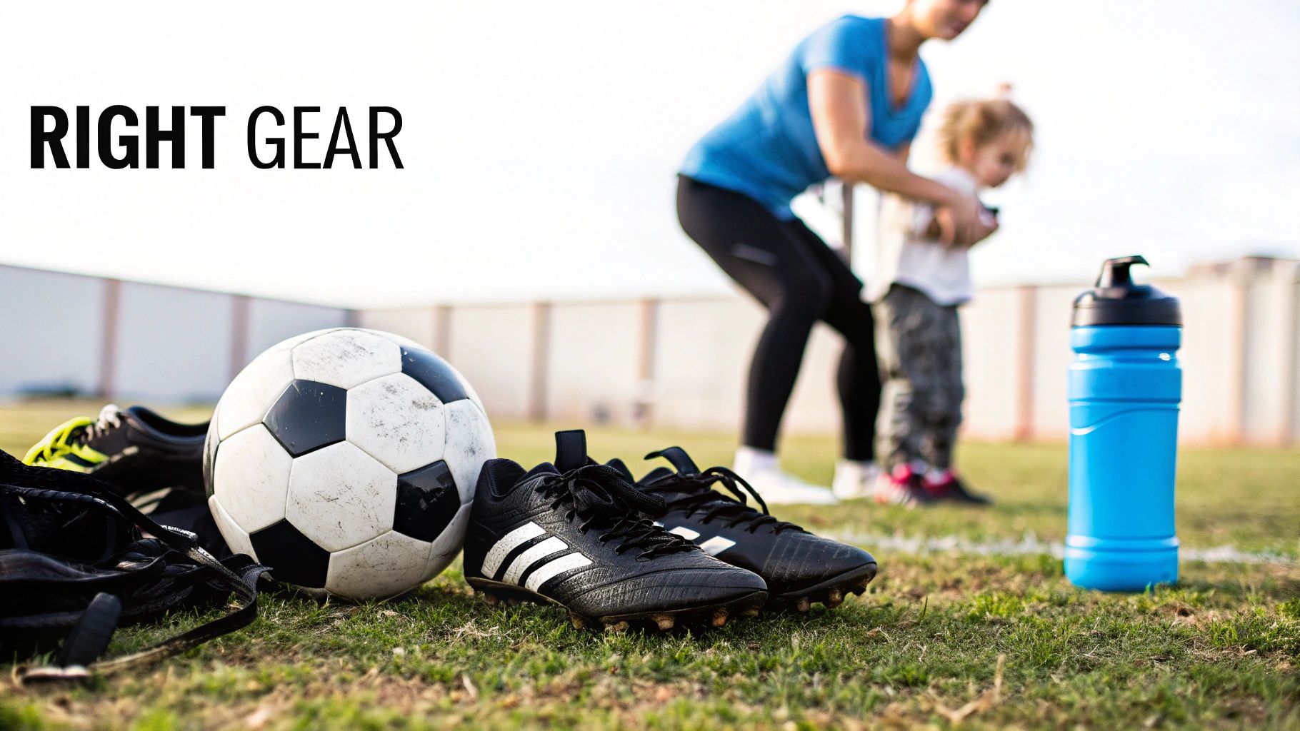 Soccer equipment on green grass with a ball, black cleats, and blue water bottle, an adult helping a child in background.